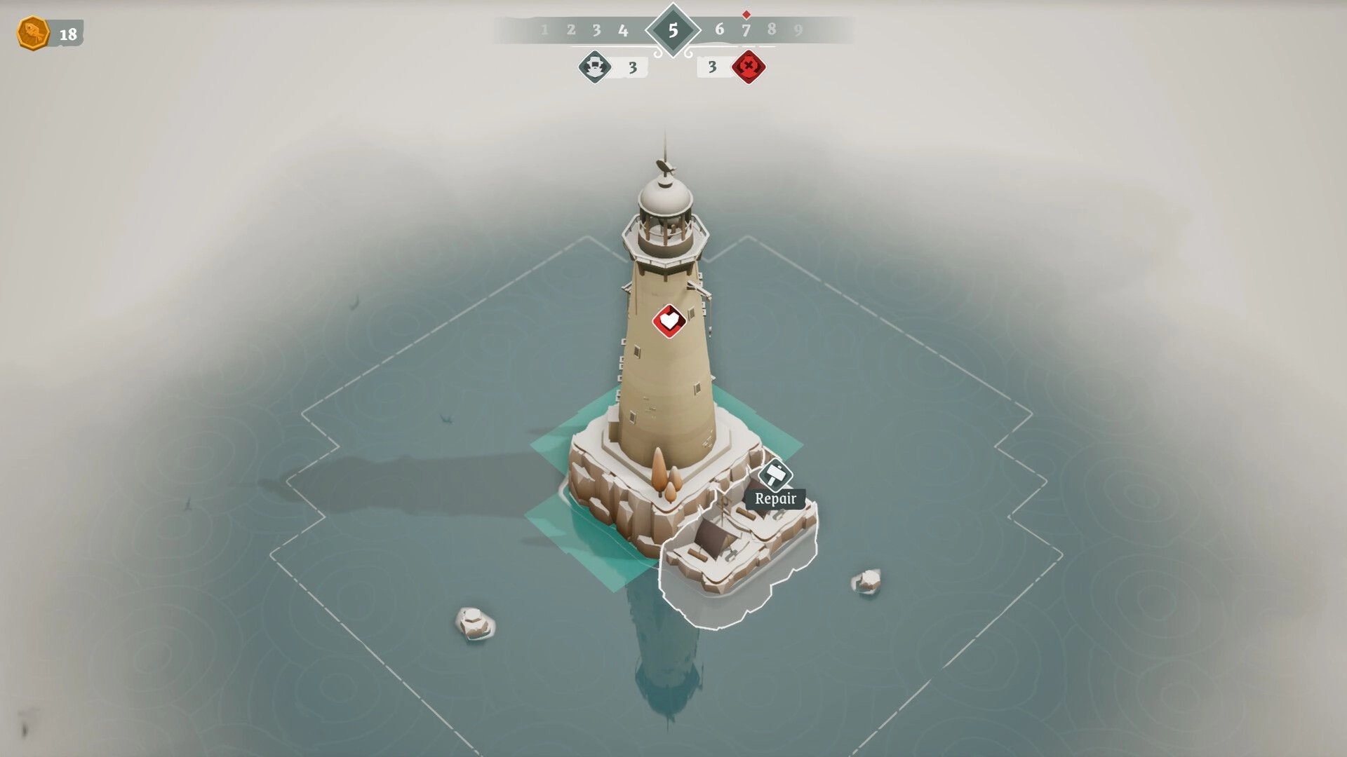 ShoreTiles: Lighthouse repair prompt on tiny island tile grid, with day tracker and coin counter UI.