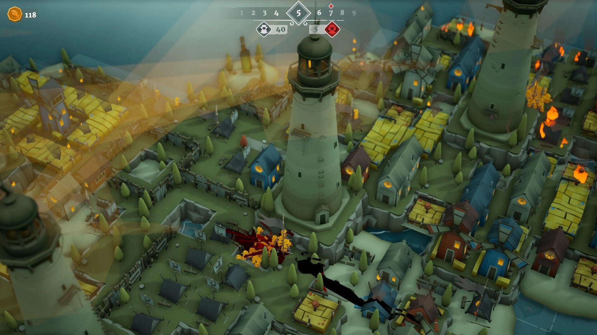 ShoreTiles: Lighthouse town overview with turn tracker and coin UI amid tiled houses, tents, and fires.