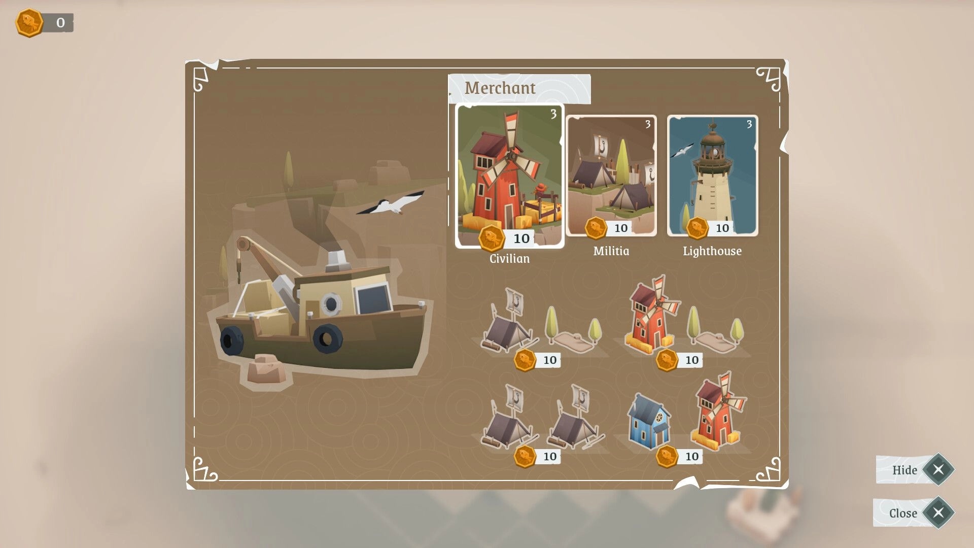 ShoreTiles: Merchant shop menu with Civilian, Militia, and Lighthouse cards and coin costs on map.