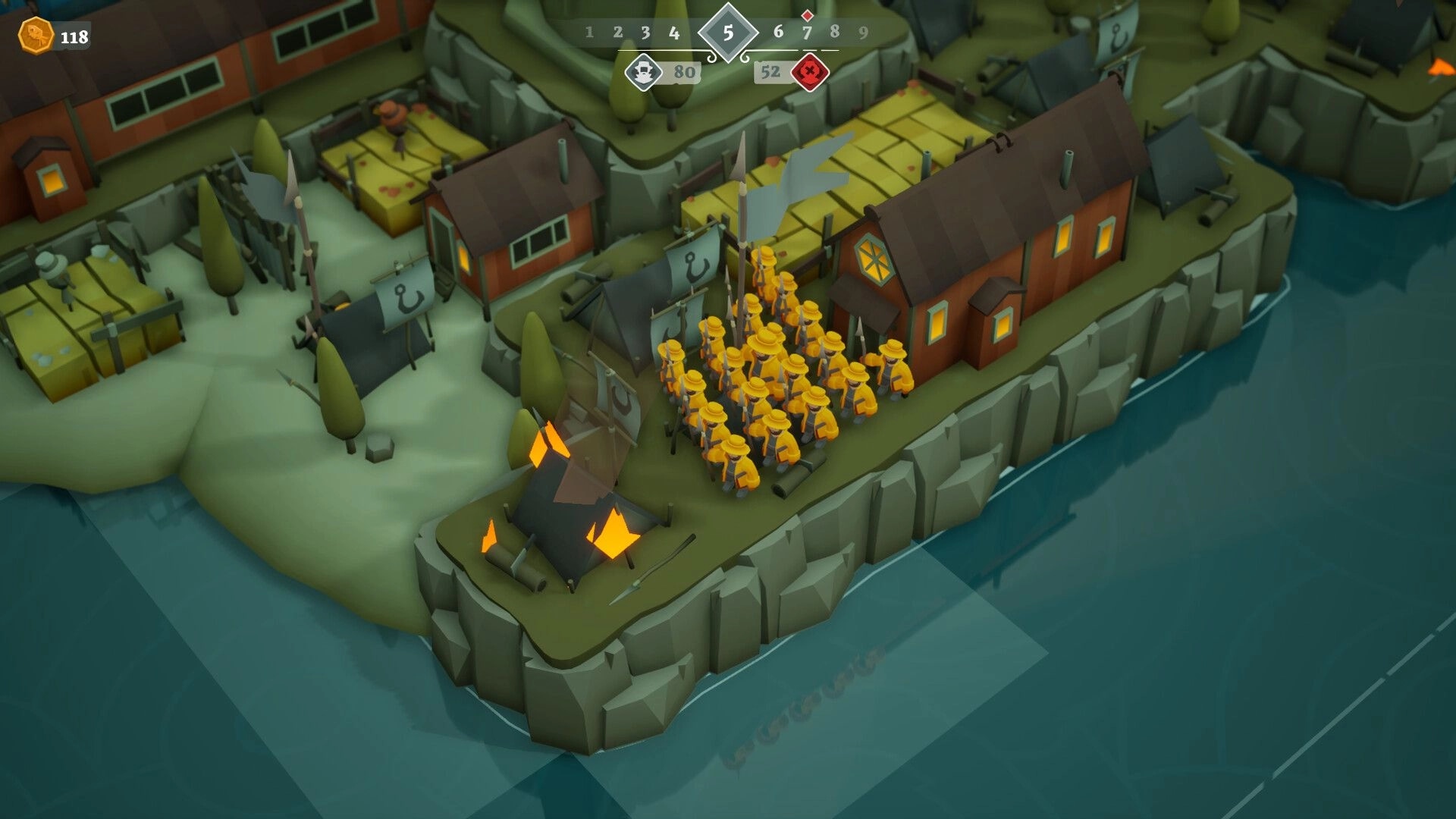 ShoreTiles: Crowd of yellow soldiers by huts and tents on rocky coast, turn and resource UI at top.