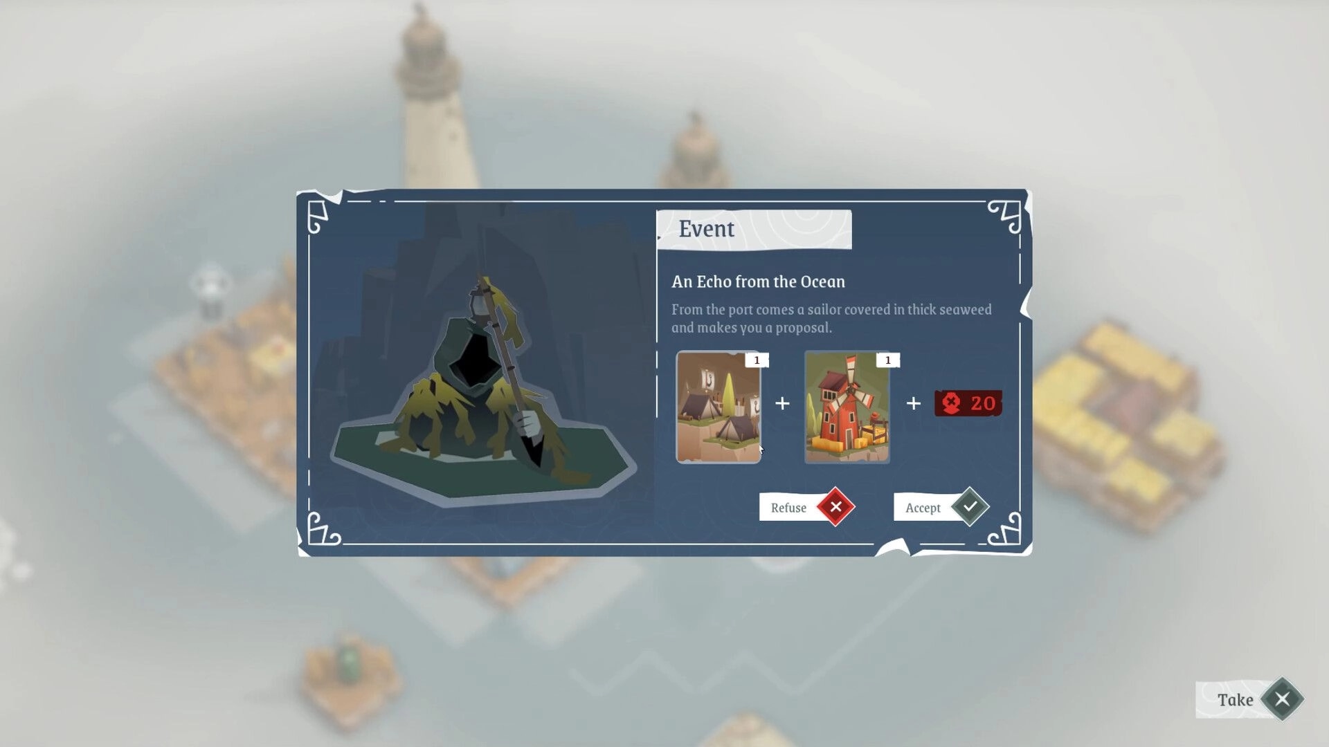 ShoreTiles: Event popup "An Echo from the Ocean" with accept/refuse over foggy island tiles.