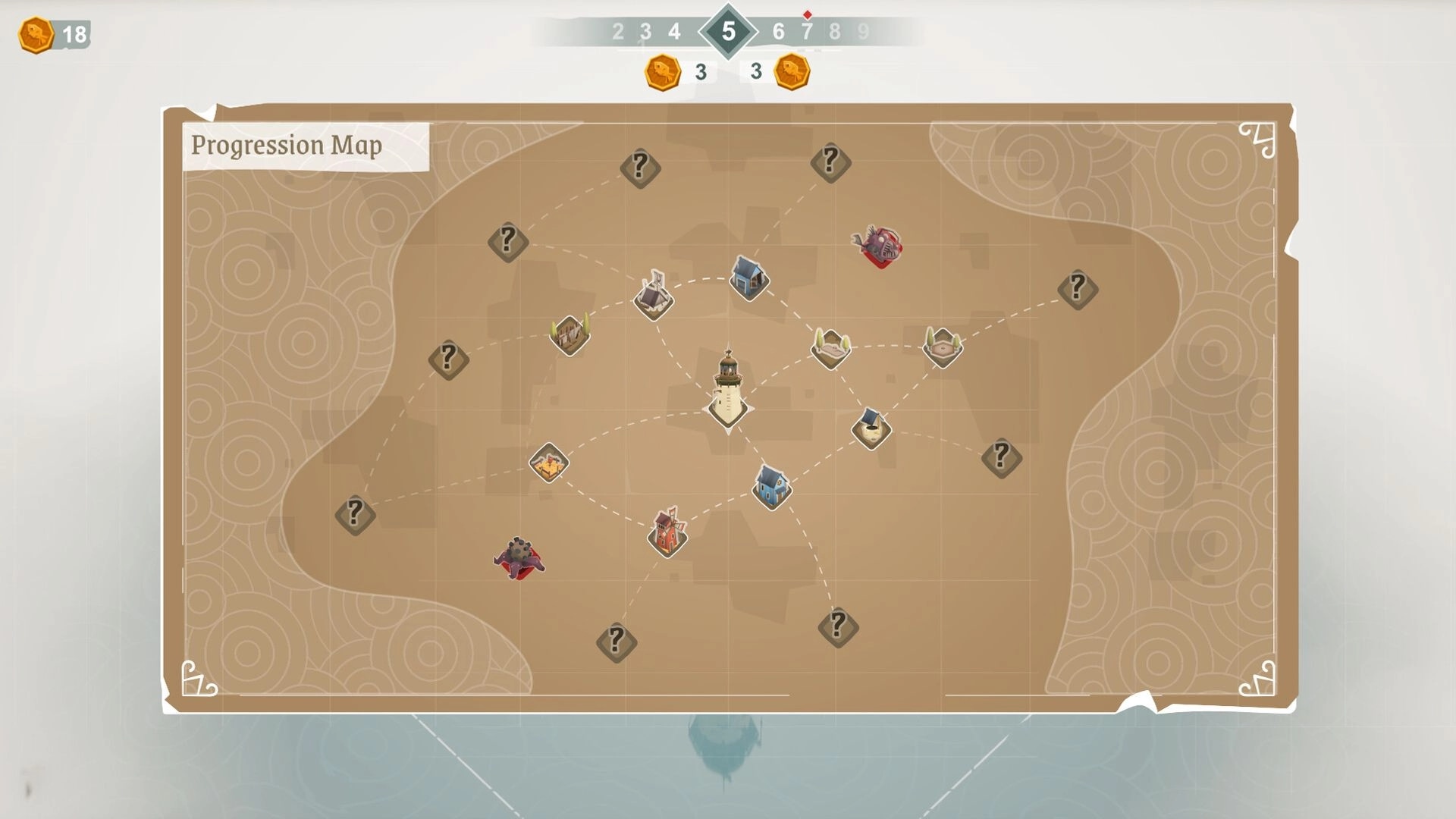 ShoreTiles: Progression map UI with lighthouse hub and linked nodes, some hidden with question marks.