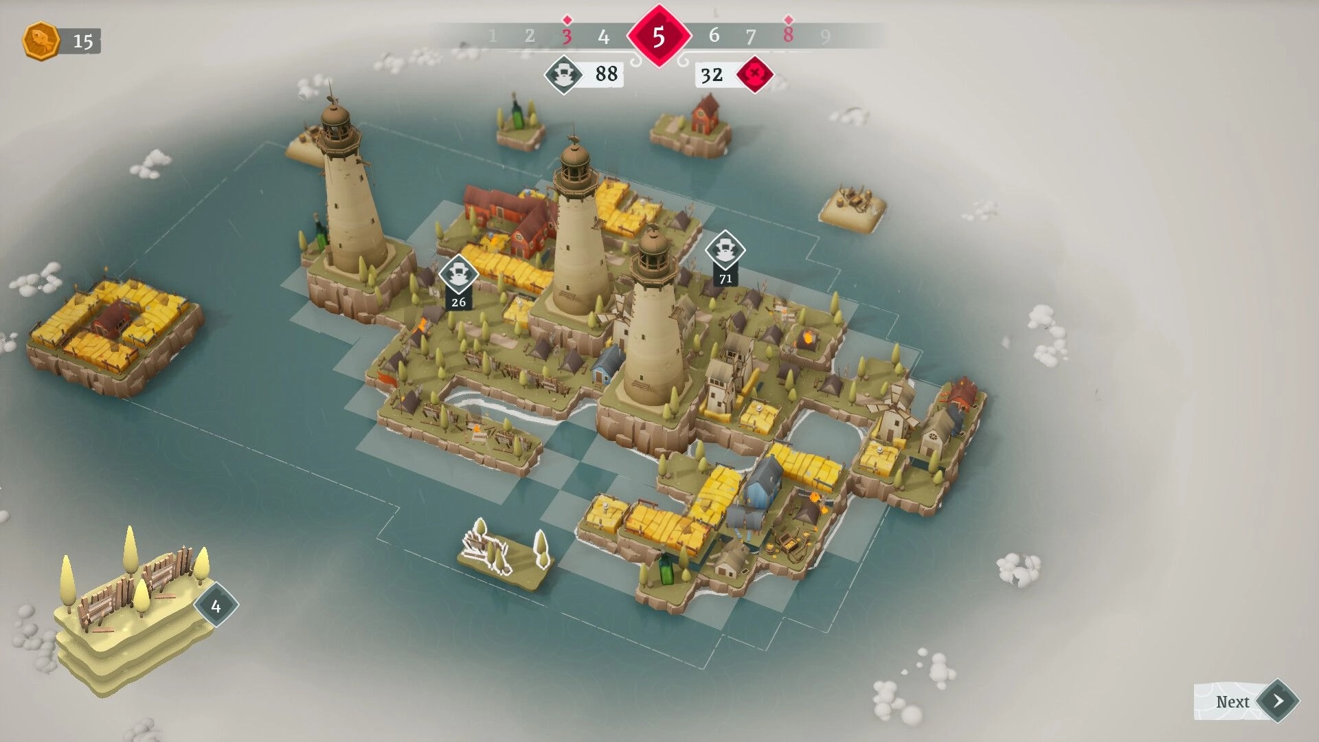 ShoreTiles: Island tile map with three lighthouses, farms and houses, round 5 UI over foggy sea.