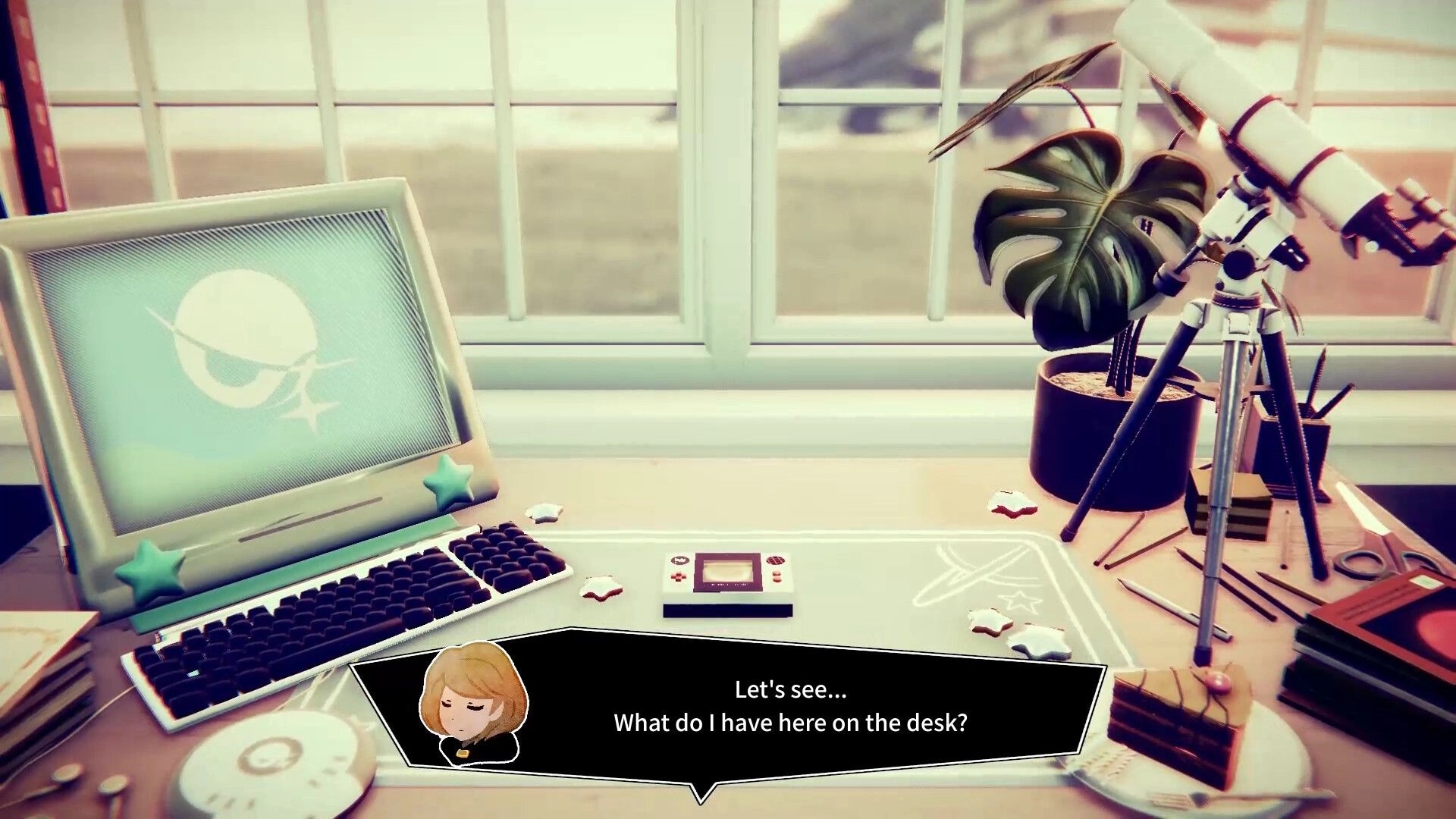 Short Short Fictions: Dialogue box over desk with computer, handheld console, and telescope by window.