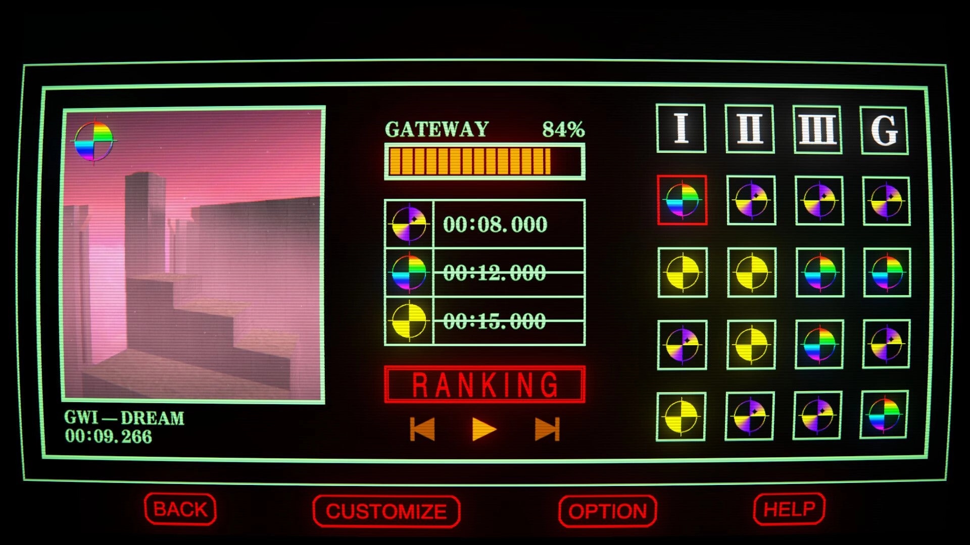SHOTGUN DREAMS: Gateway level select and ranking menu with 84% progress and time medals UI screen.