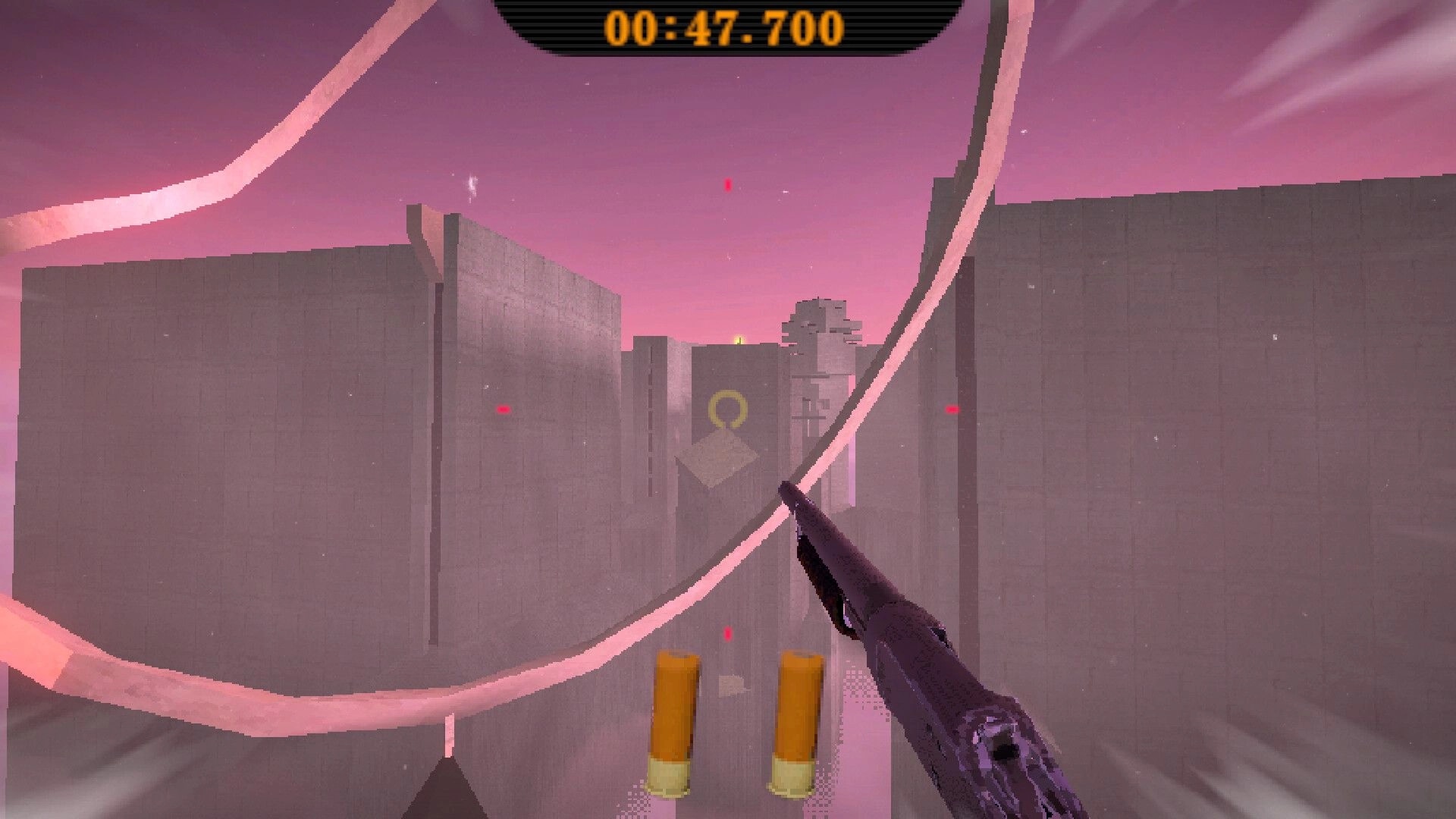 SHOTGUN DREAMS: First-person shotgun jump over gray blocks with timer HUD in a pink sky arena.