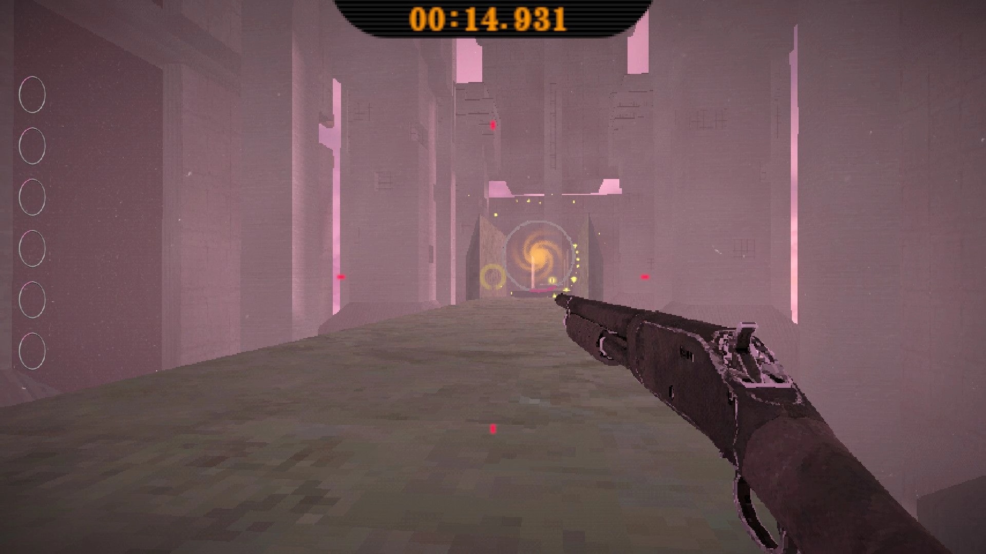 SHOTGUN DREAMS: First-person shotgun aimed at a glowing portal in a pink corridor with timer HUD above.