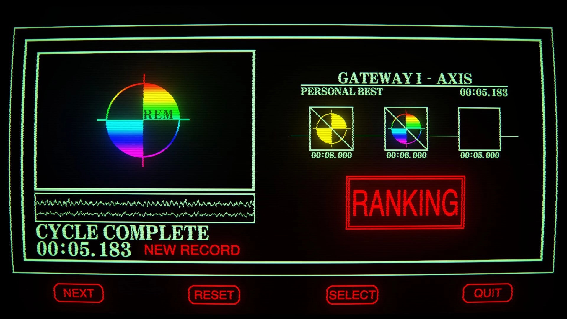 SHOTGUN DREAMS: Level results screen for Gateway I - Axis with new record time and ranking buttons.