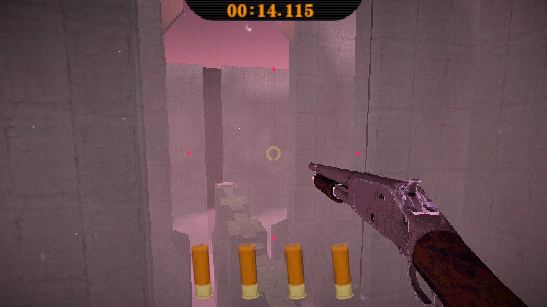 SHOTGUN DREAMS: First-person shotgun aiming across tall gray platforms, timer and shell ammo UI visible.