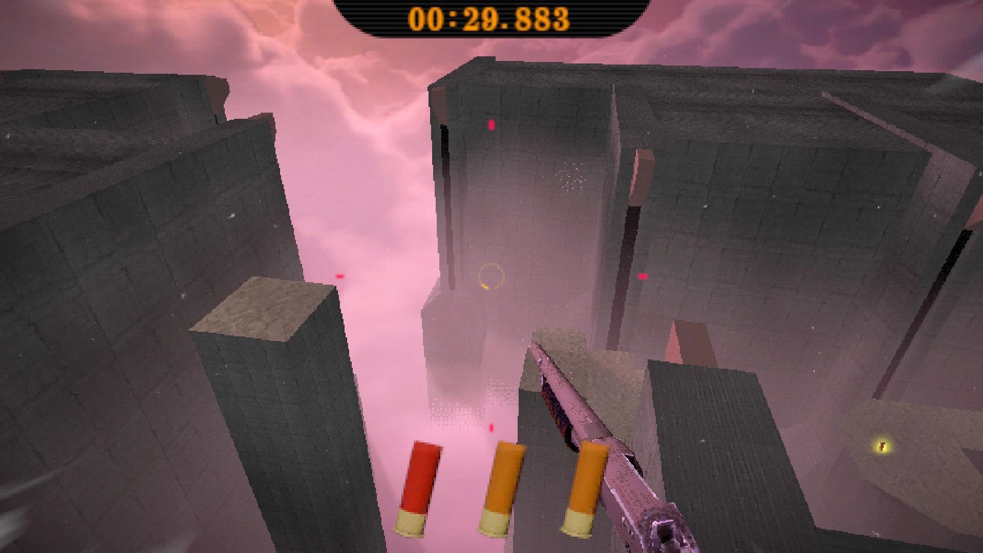 SHOTGUN DREAMS: First-person jump across tall concrete pillars above pink clouds, timer at top HUD.