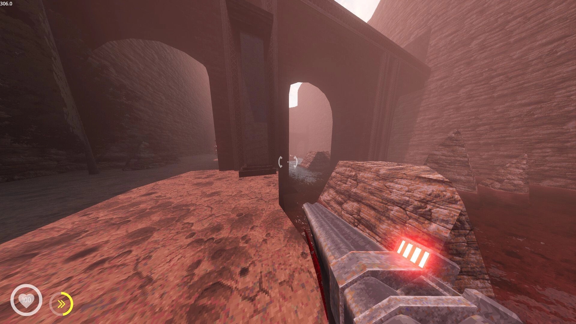 Shothop: First-person view aiming at a bridge arch over a canyon river, HUD shows 100 health and dash meter.
