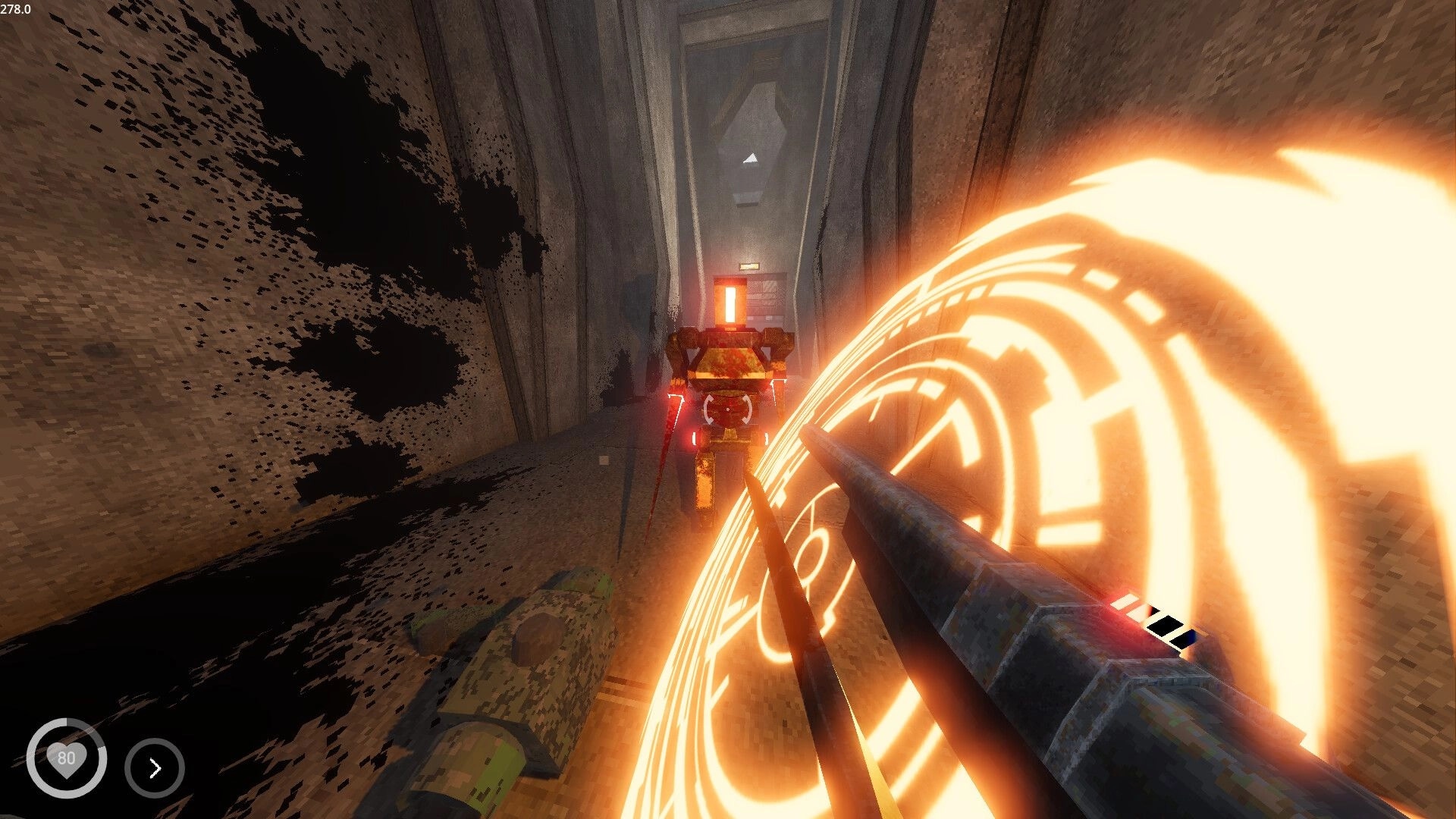 Shothop: First-person shotgun firing at a red robot turret in a narrow concrete corridor with HUD.