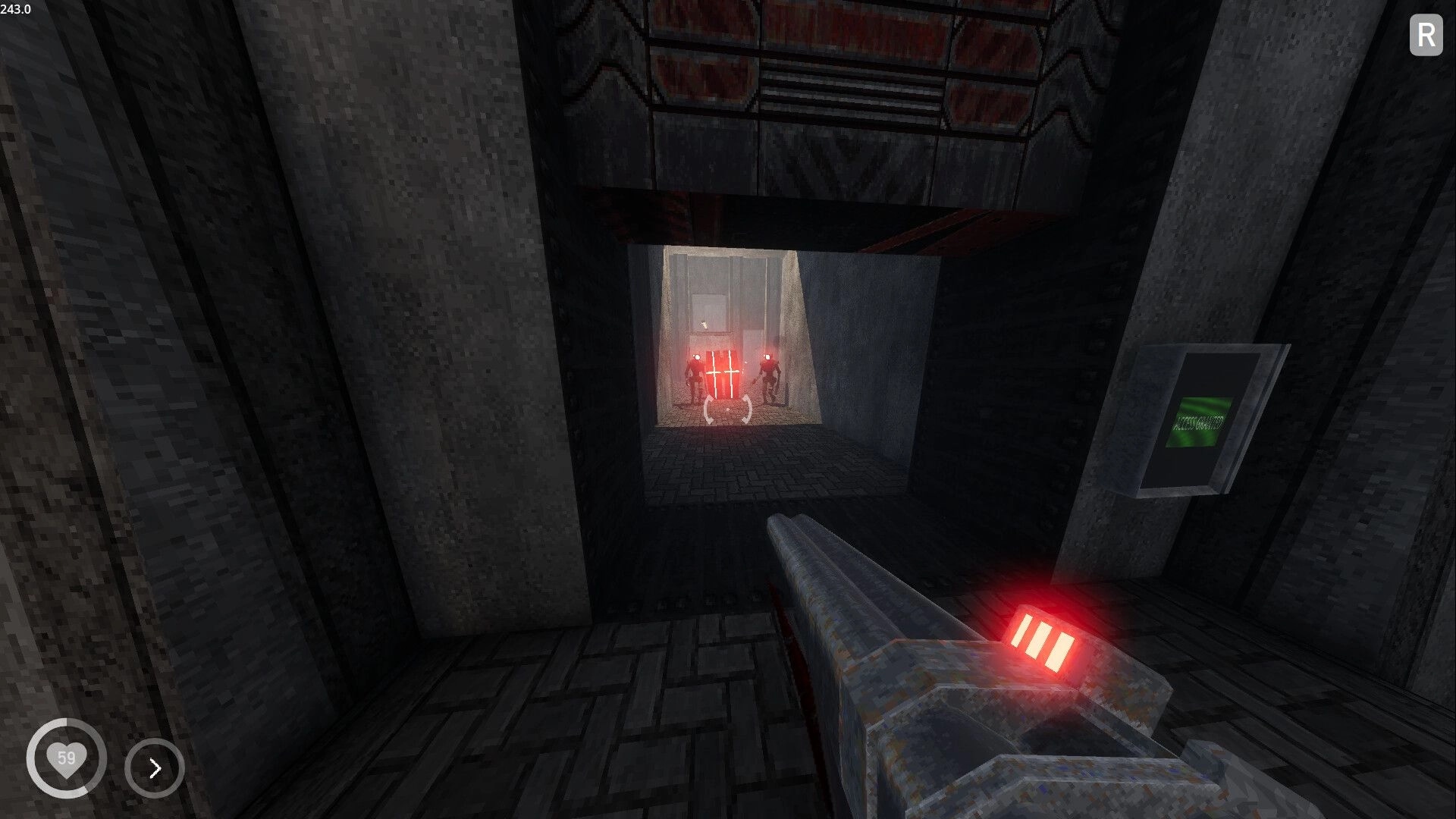 Shothop: Shotgun aimed at two red-eyed robots past a laser barrier in a grim metal corridor.