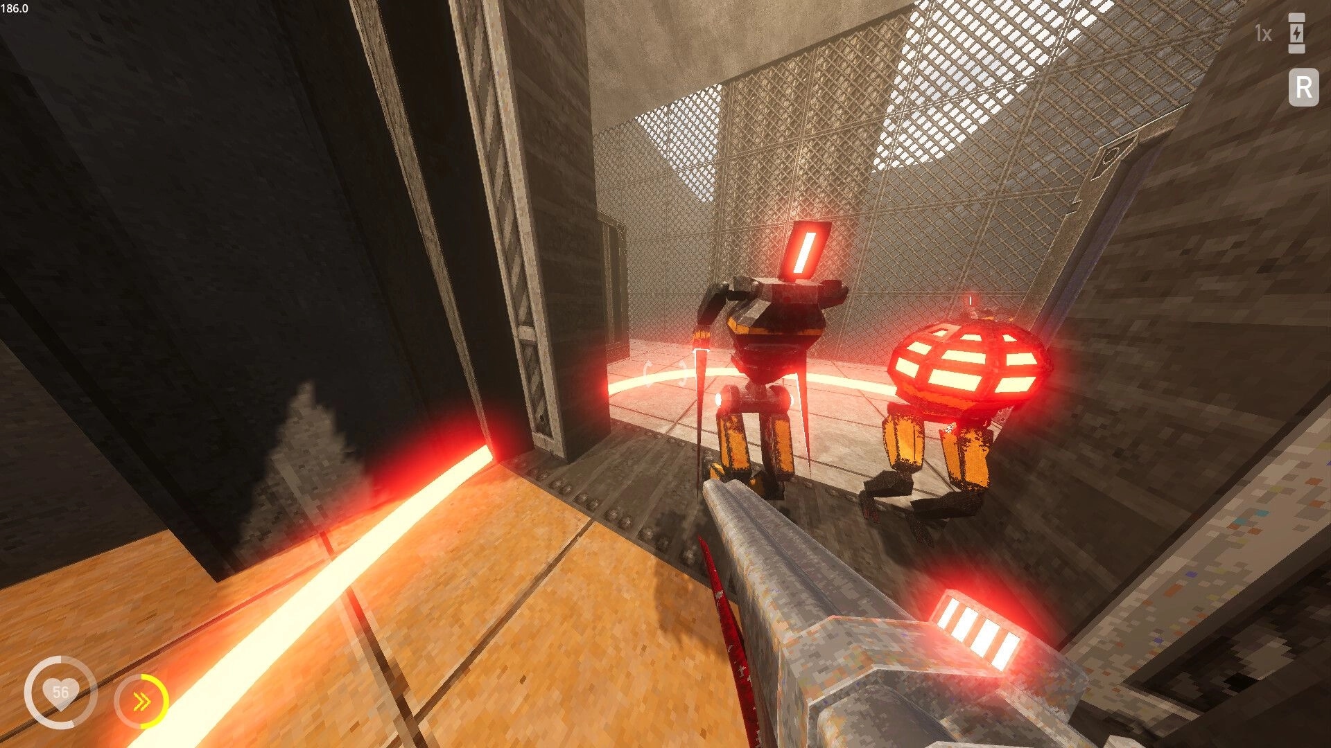Shothop: Shotgun aimed at two glowing red robots inside a fenced industrial arena with UI icons.