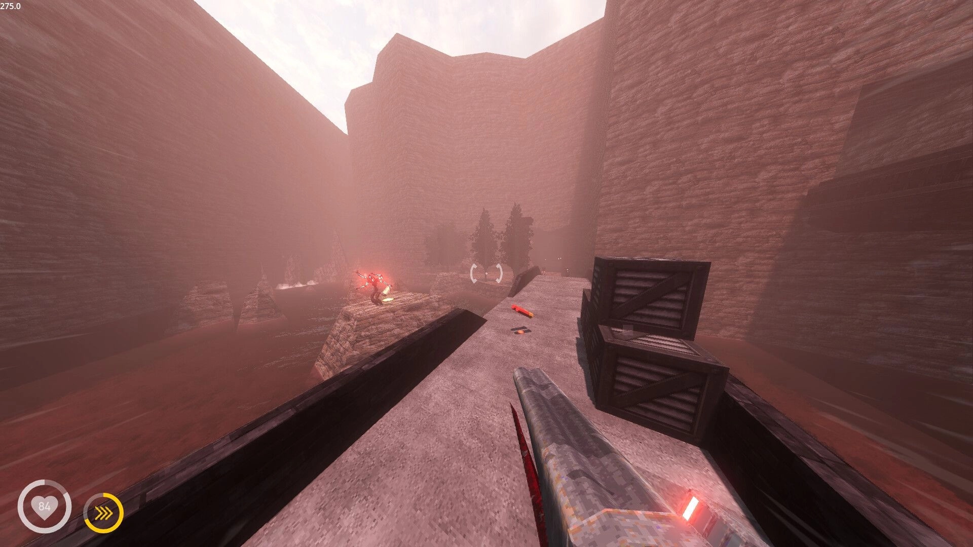 Shothop: Shotgun aiming at a glowing enemy across a misty canyon with crates and HUD meters.