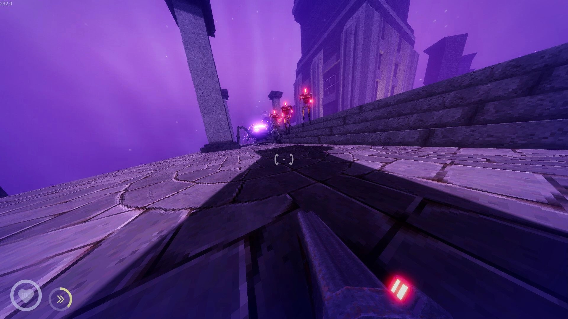 Shothop: First-person sprint toward glowing robot enemies on a stone walkway under purple foggy sky.