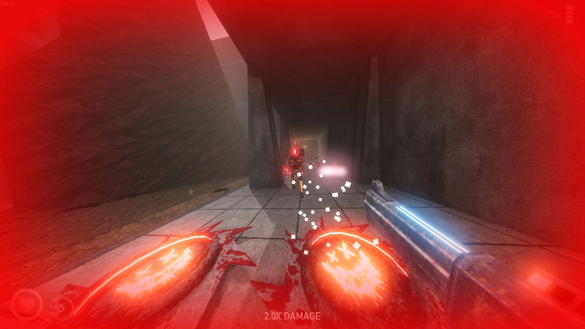 Shothop: Low-health firefight with red robot in concrete corridor, 2.0x damage and gun HUD visible.