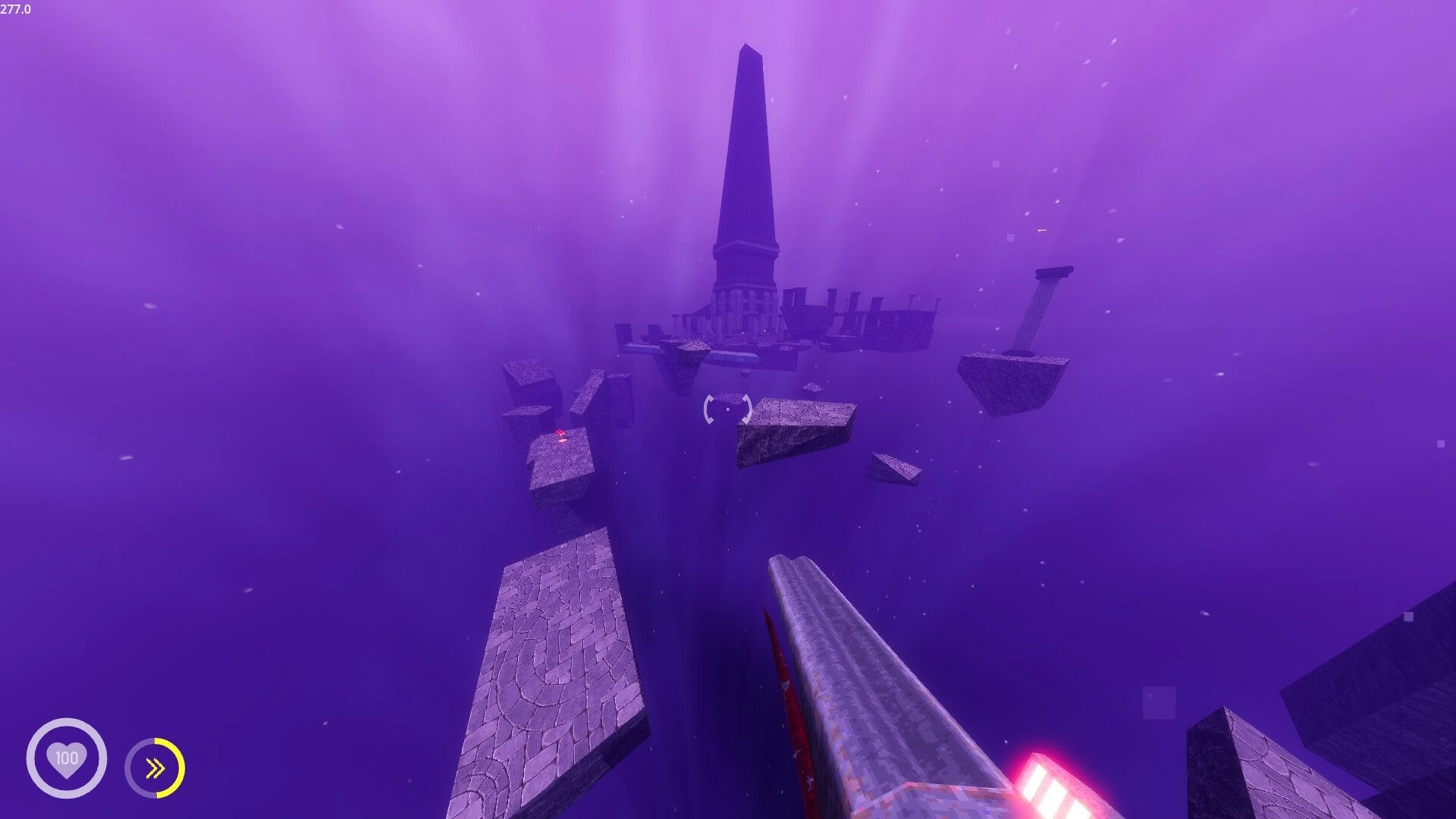 Shothop: First-person platforming across floating stone slabs in a purple void with HUD health 100.