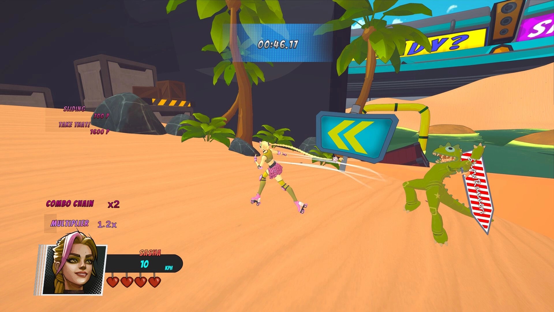 Showrunners: Sasha skates past a dinosaur foe on sandy beach course with timer, combo chain UI.