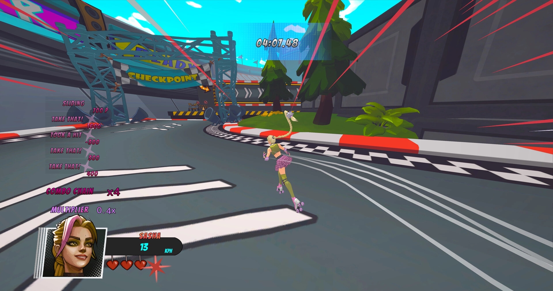 Showrunners: Sasha skates toward a checkpoint banner on a track, timer and combo UI on screen.