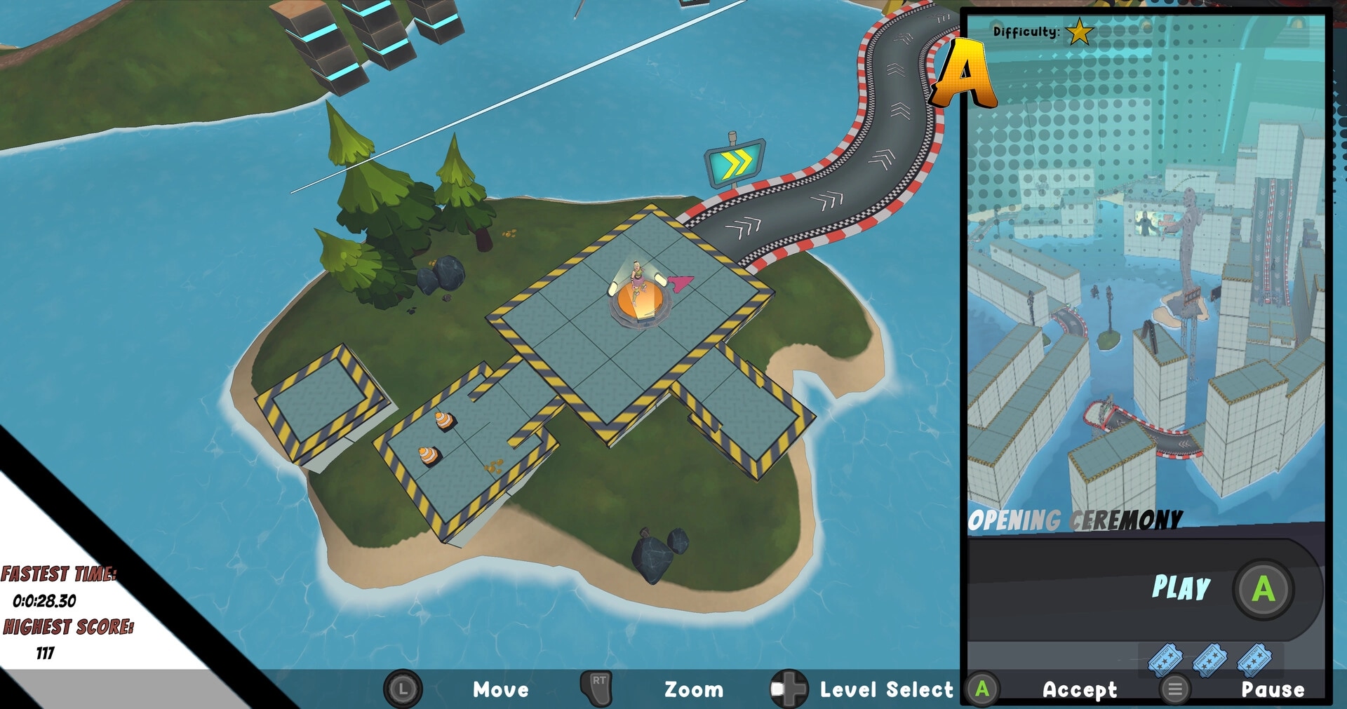 Showrunners: Level select map with island platforms and track preview, Play button and time score UI.