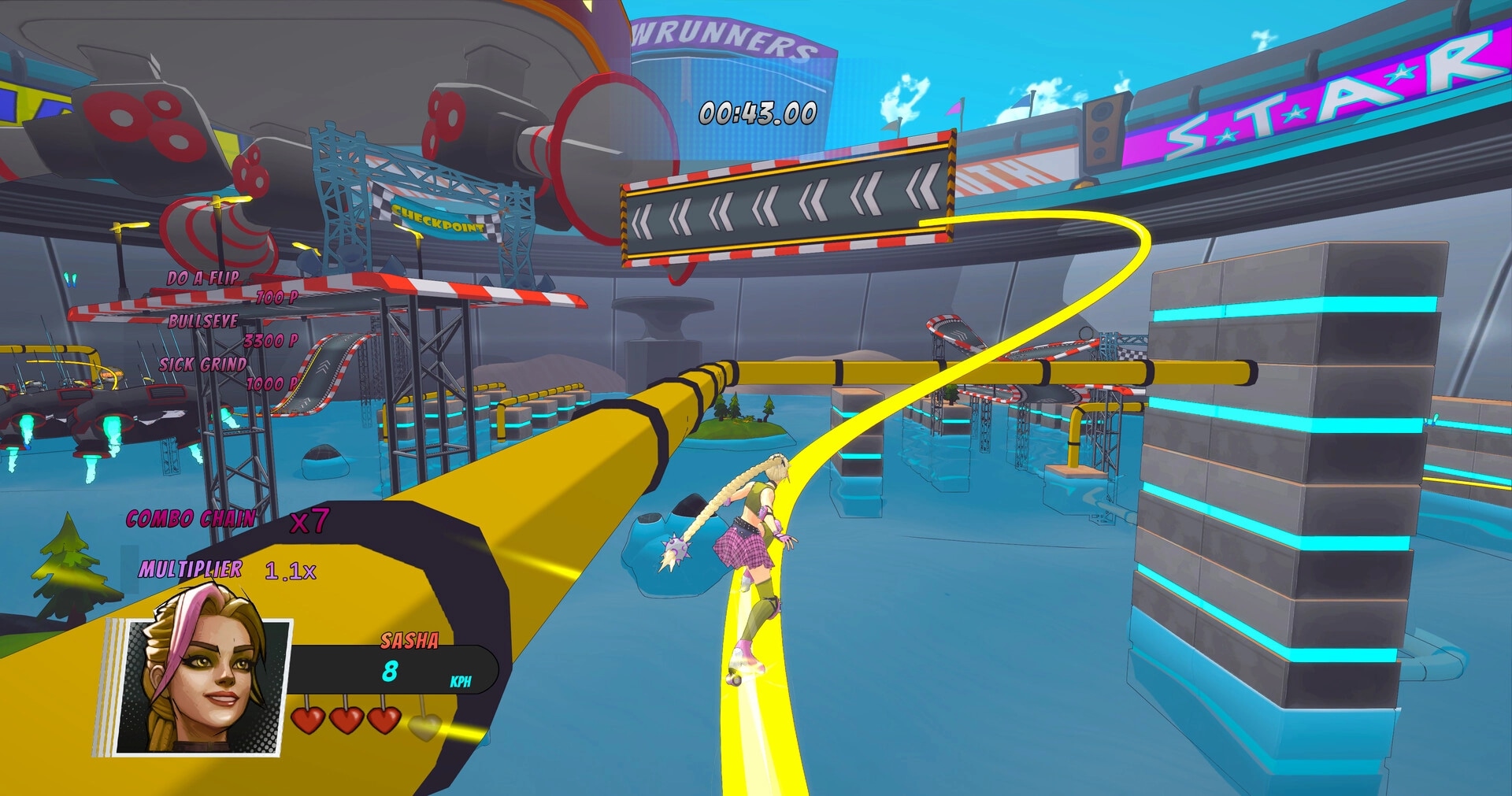 Showrunners: Sasha grinds a yellow rail over water, timer and combo UI in neon stunt arena track.