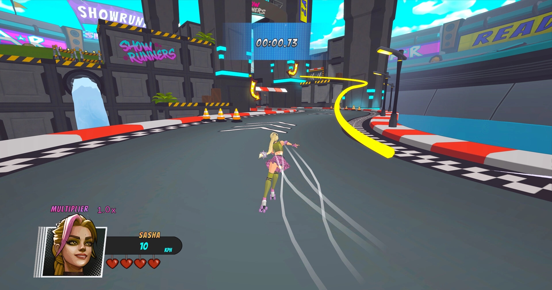 Showrunners: Sasha rollerblades on neon city track, timer 00:00.13 and 1.0x multiplier HUD visible.