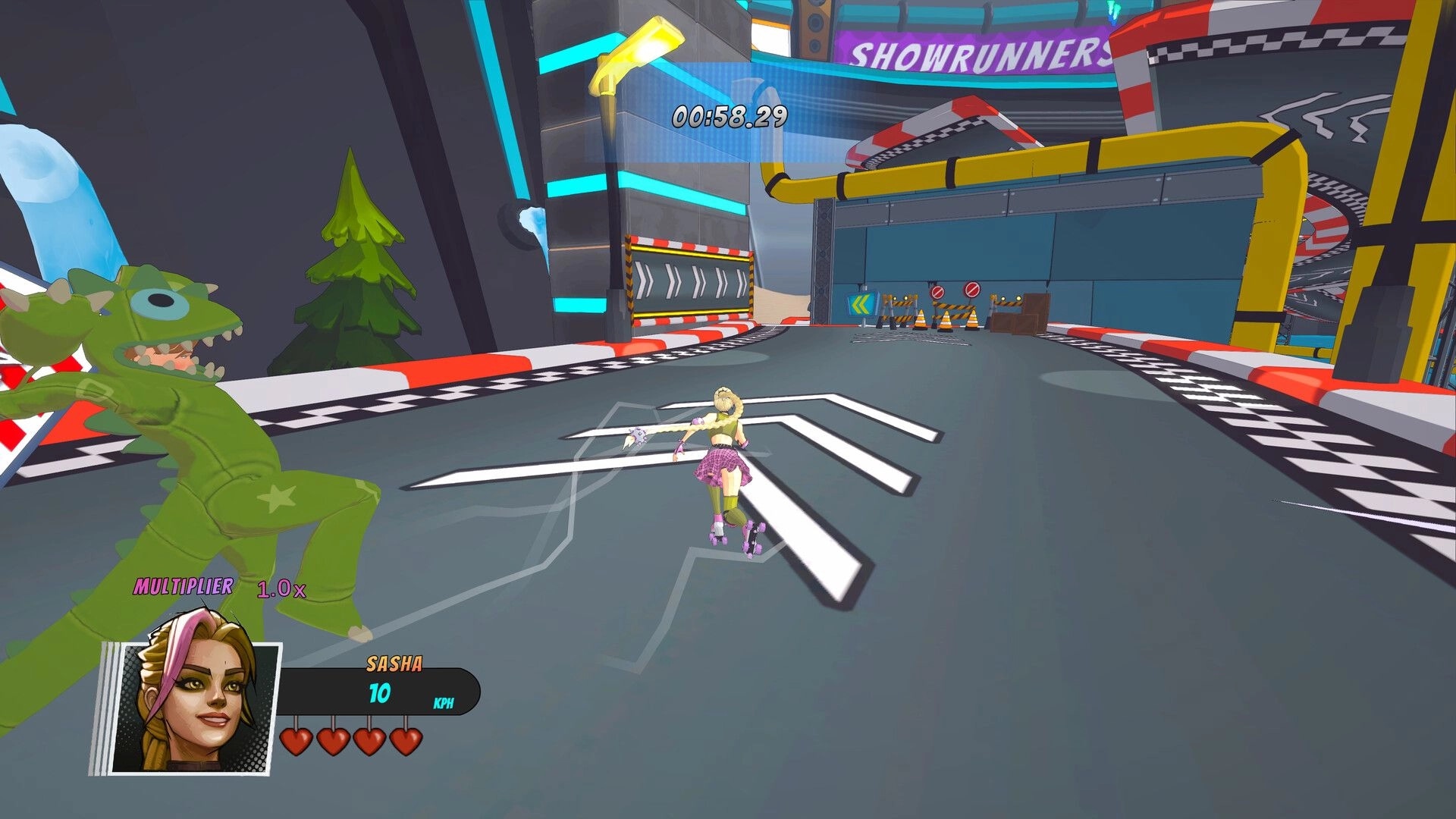 Showrunners: Sasha skates down a neon track with timer and multiplier UI in a stadium course.