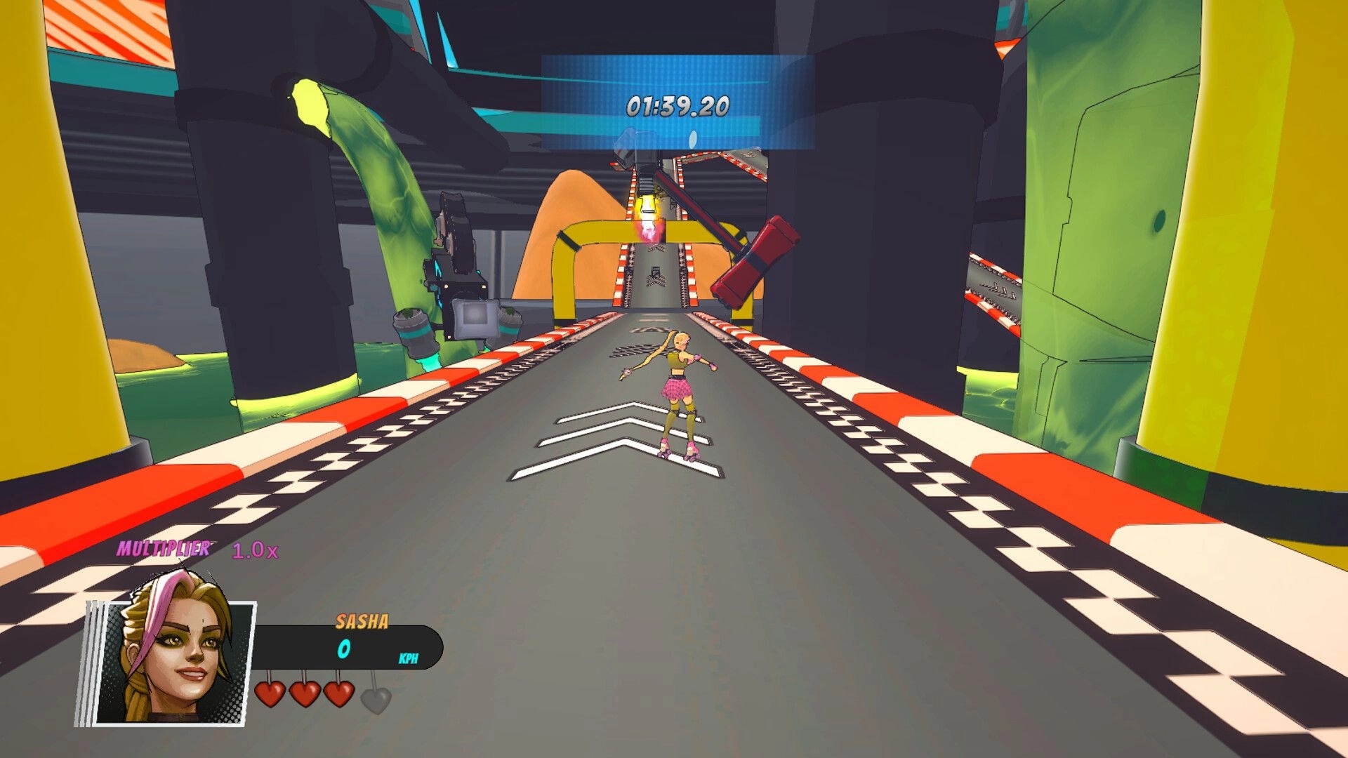Showrunners: Sasha skates down a boost-marked track past hazards in a neon obstacle arena timer HUD.