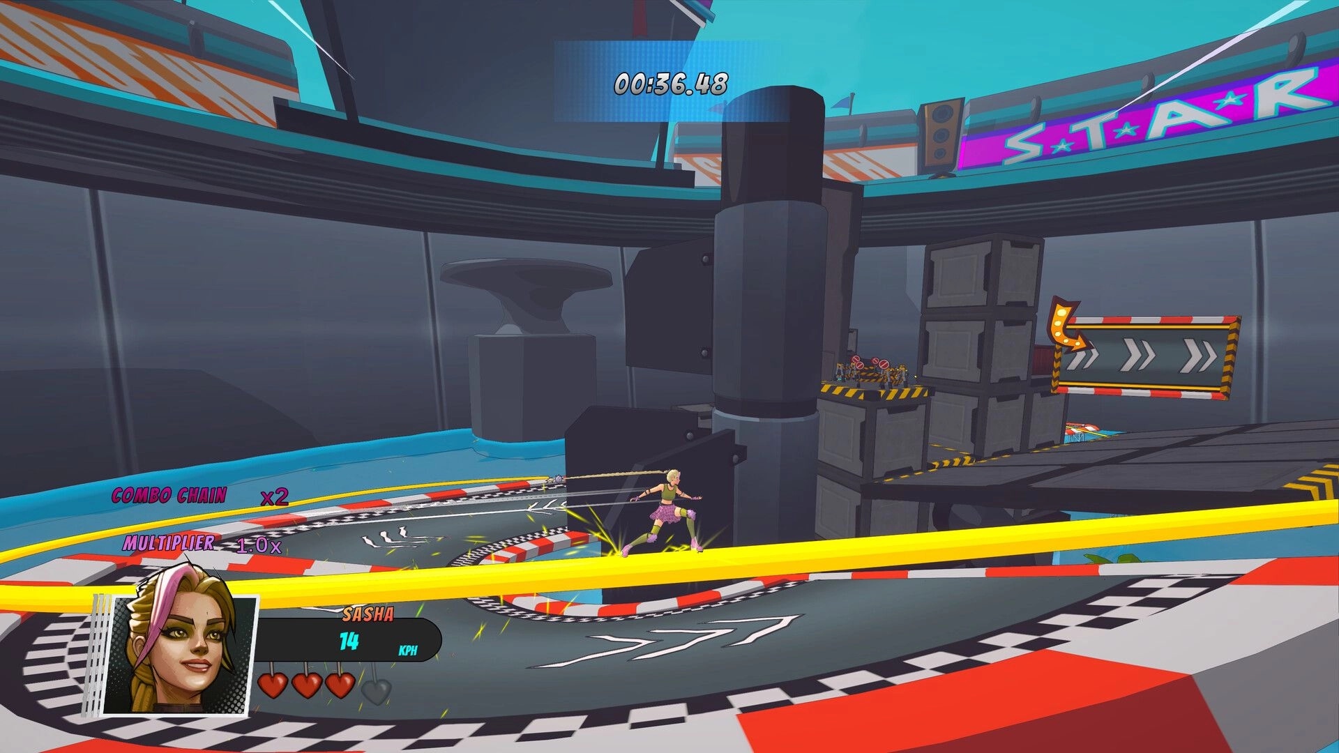 Showrunners: Sasha sprints along a yellow rail past obstacles in arena, timer 00:36.48 and combo UI.