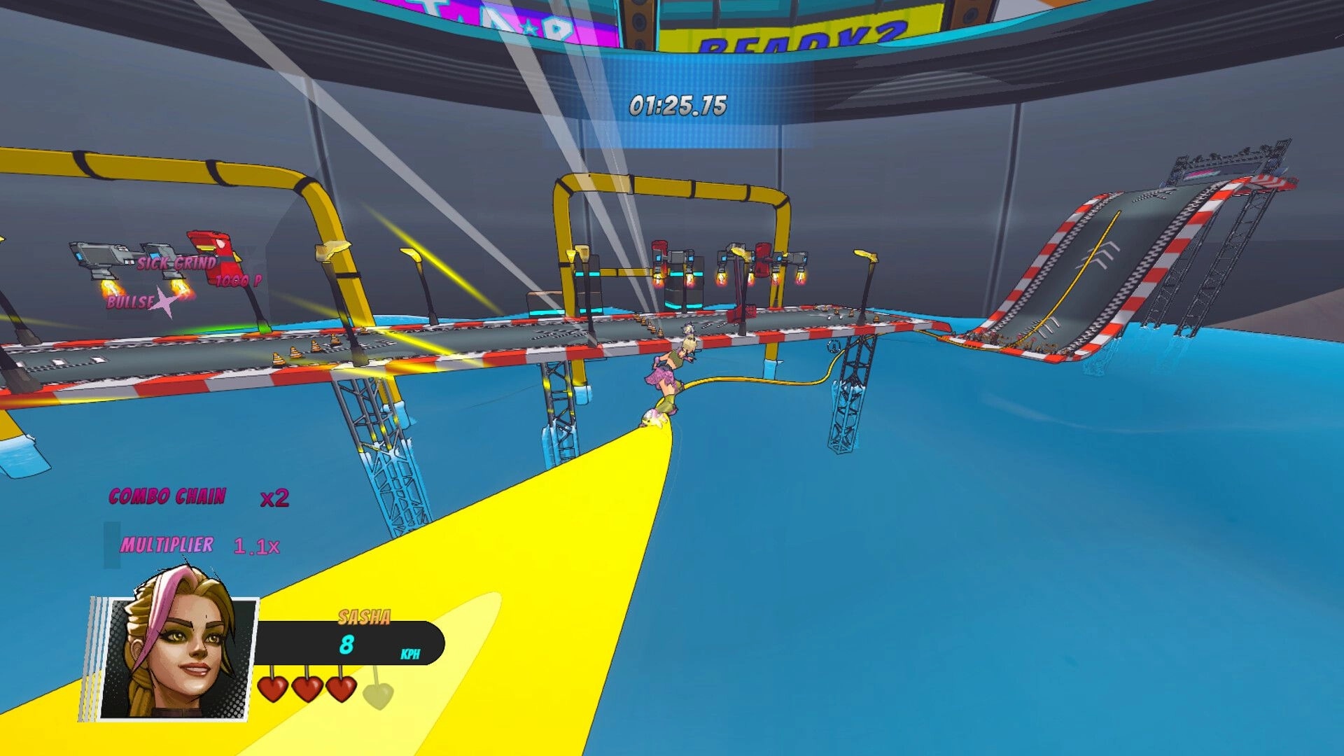 Showrunners: Sasha grinds a yellow rail over a floating track; timer, combo chain, hearts UI visible.
