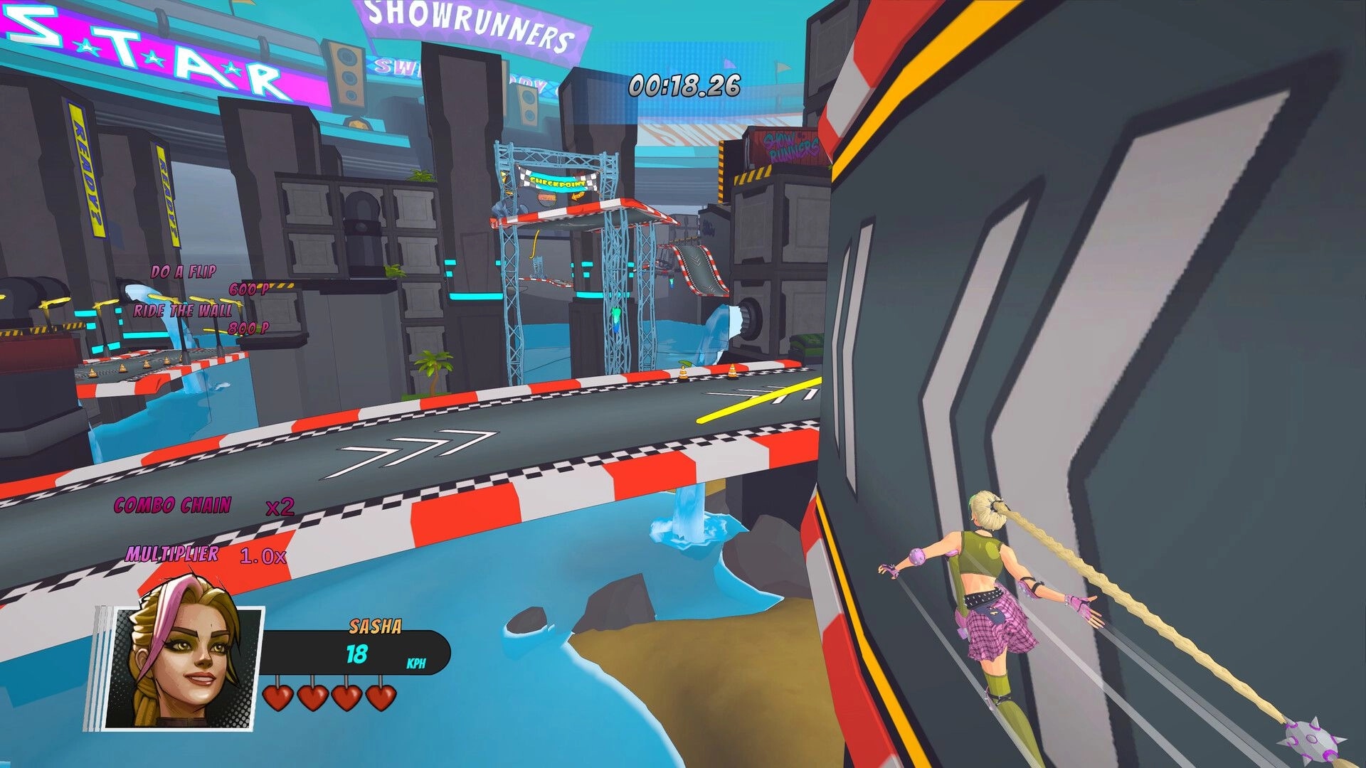 Showrunners: Sasha wall-rides a curved track past a checkpoint over water, timer and combo UI visible.