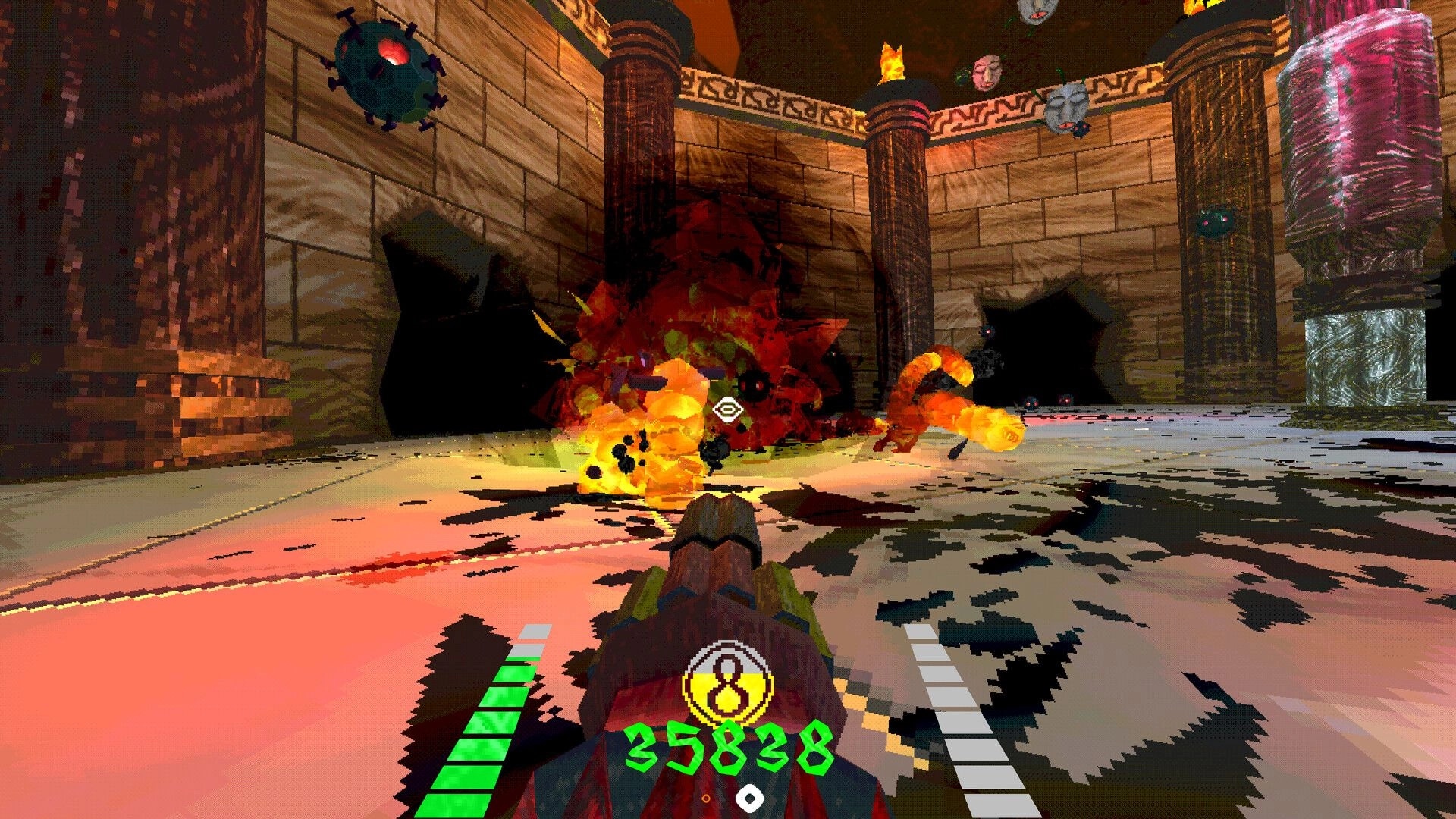 Shrapnel Sentinel: First-person view of intense combat with explosions in a stone pillar arena setting.