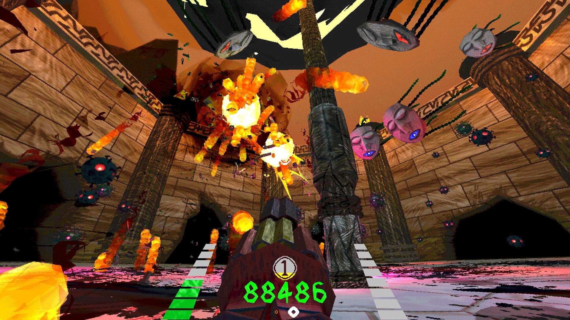 Shrapnel Sentinel: First-person view with player shooting at floating enemies inside a stone-walled arena.