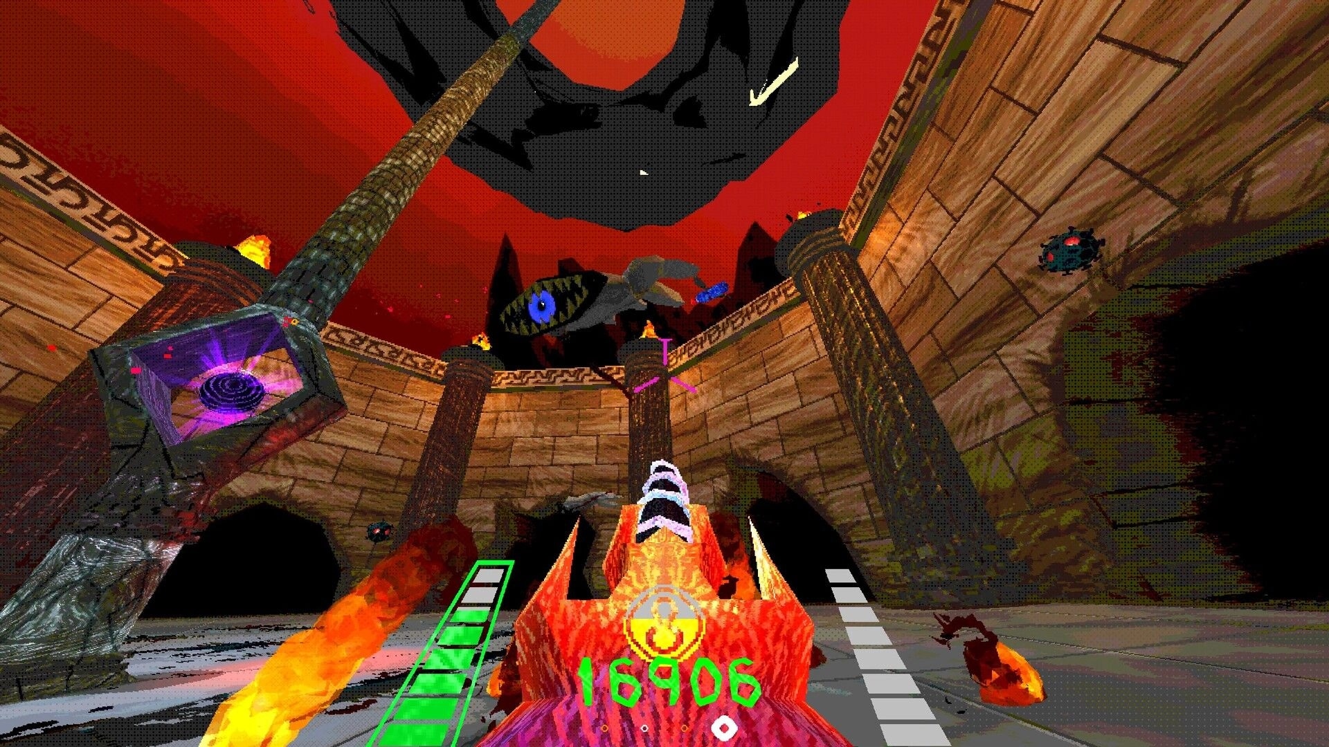 Shrapnel Sentinel: Player aiming at floating eye monster with fiery weapon in a red-hued arena.