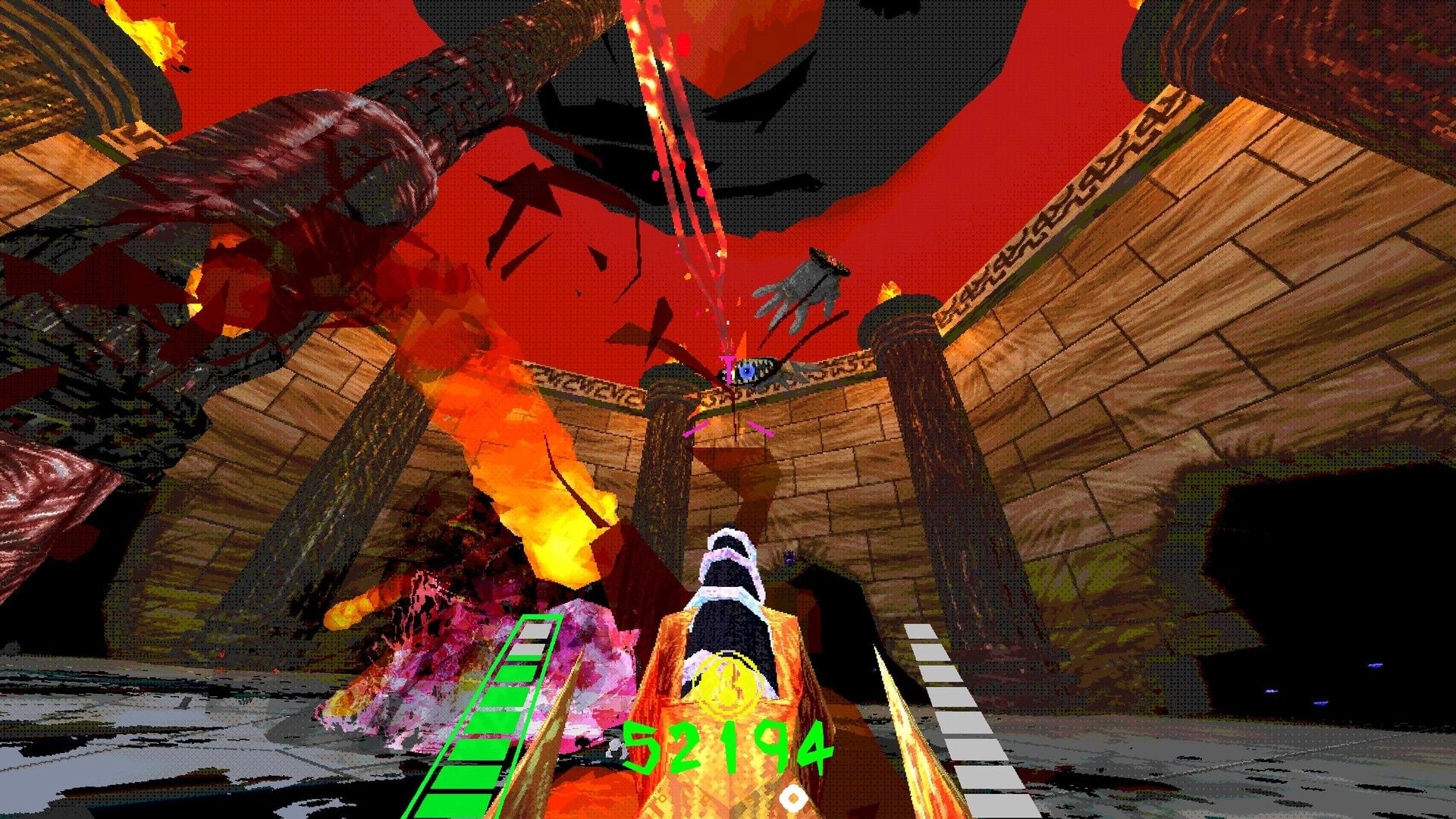 Shrapnel Sentinel: First-person view firing at flying enemies in a fiery arena with stone pillars