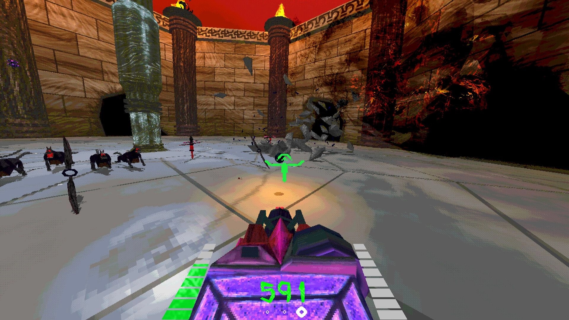Shrapnel Sentinel: First-person view battling stone golem and creatures in a circular arena with pillars.