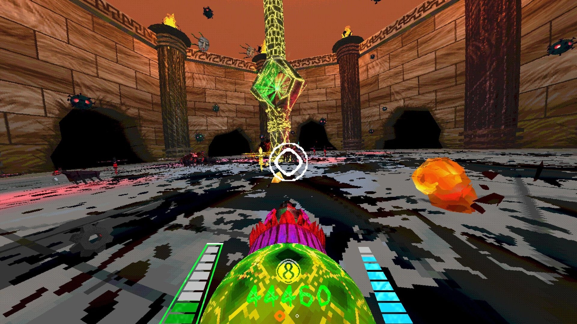 Shrapnel Sentinel: First-person view aiming at glowing pillar in a dark arena with UI health bar visible.