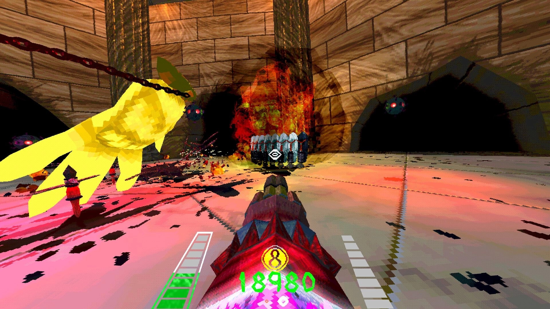 Shrapnel Sentinel: First-person view of player aiming at fiery enemy in stone-walled arena with UI displayed.