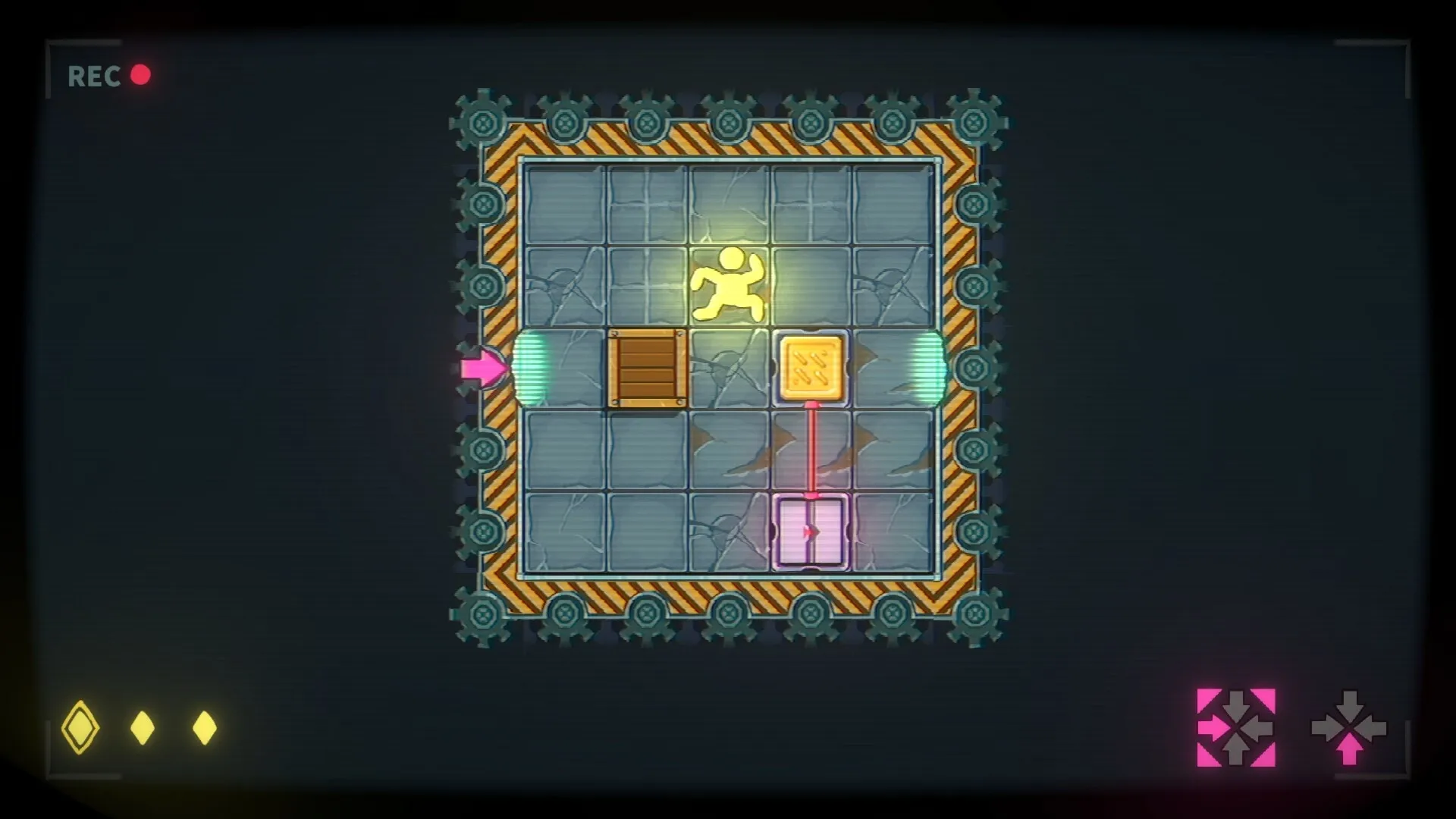 Shrink Rooms: Player pushes a box on a tiled grid with a glowing exit icon and directional controls visible.