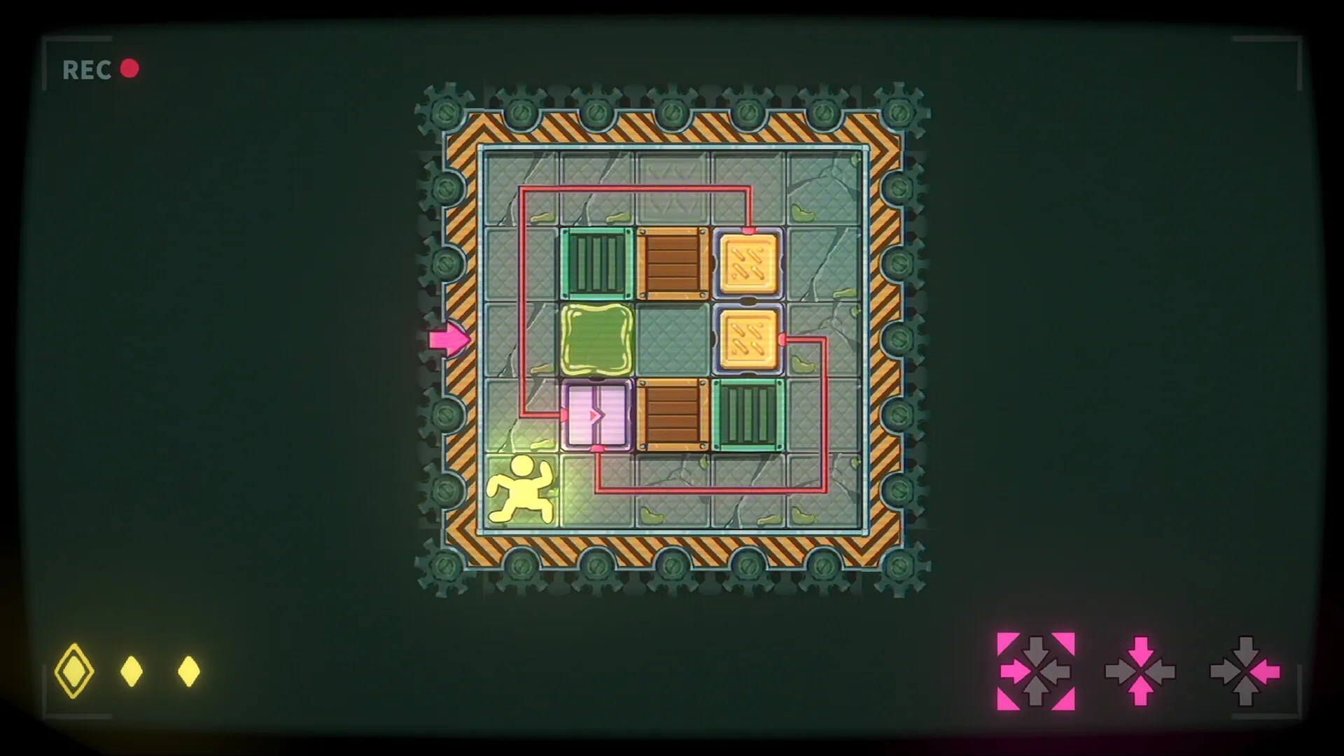 Shrink Rooms: Player pushes boxes in grid to escape shrinking walls with directional controls displayed