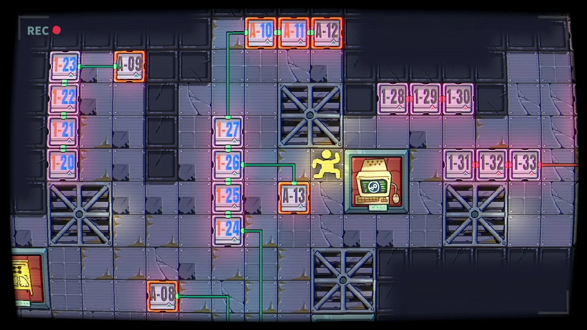 Shrink Rooms: Player navigates grid of numbered boxes with shrinking walls in puzzle level environment.