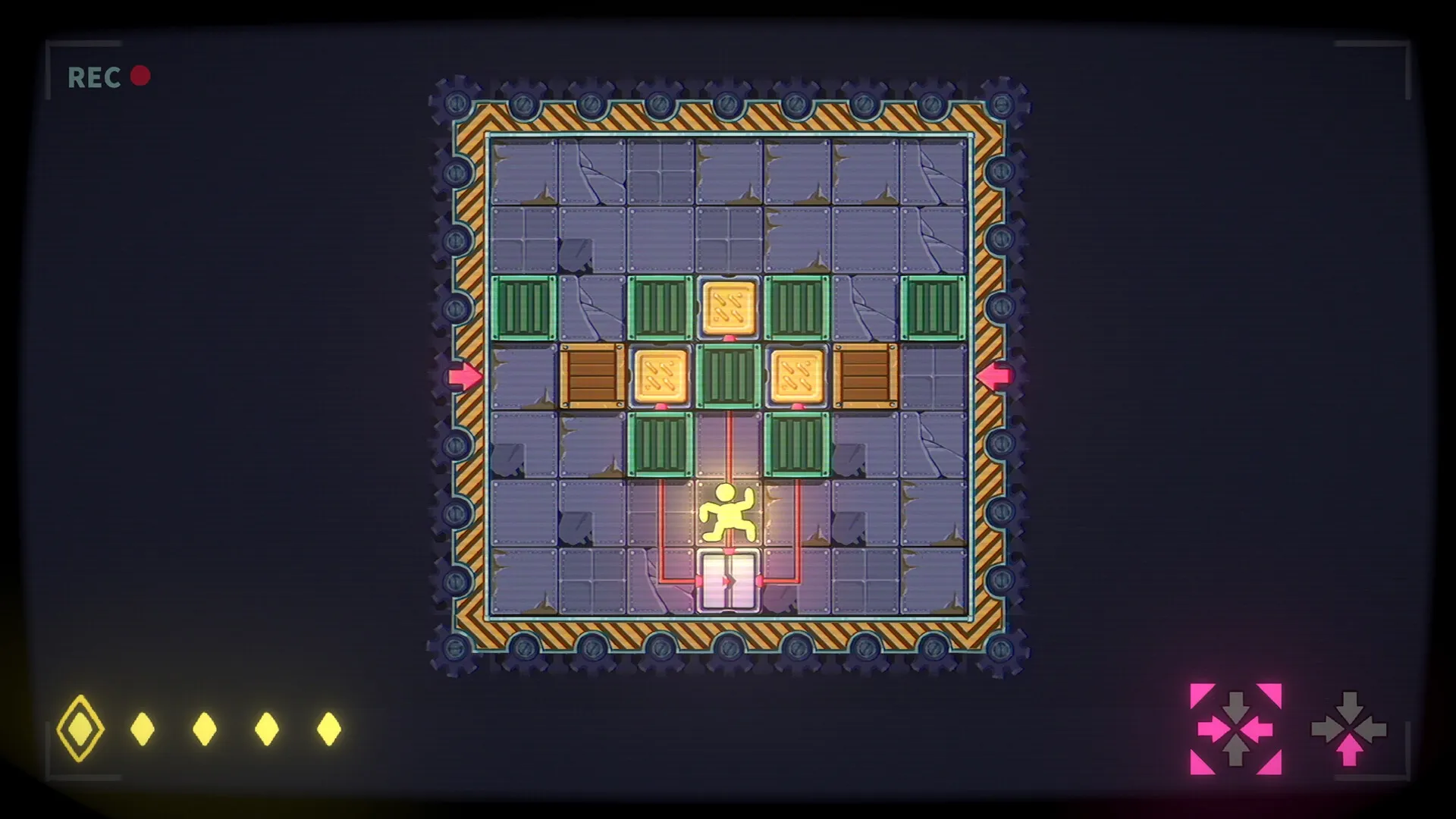 Shrink Rooms: Player icon navigating a grid with crates and arrows in a shrinking puzzle environment.