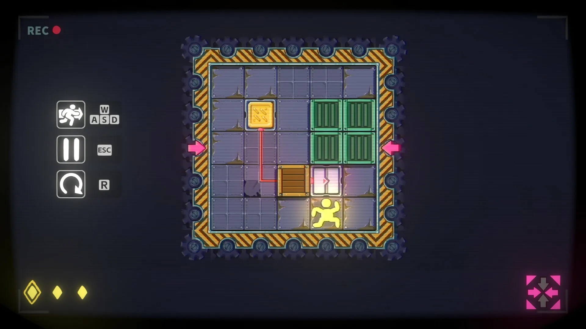 Shrink Rooms: Player navigates box puzzle with control hints and shrinking walls in a mechanical room.