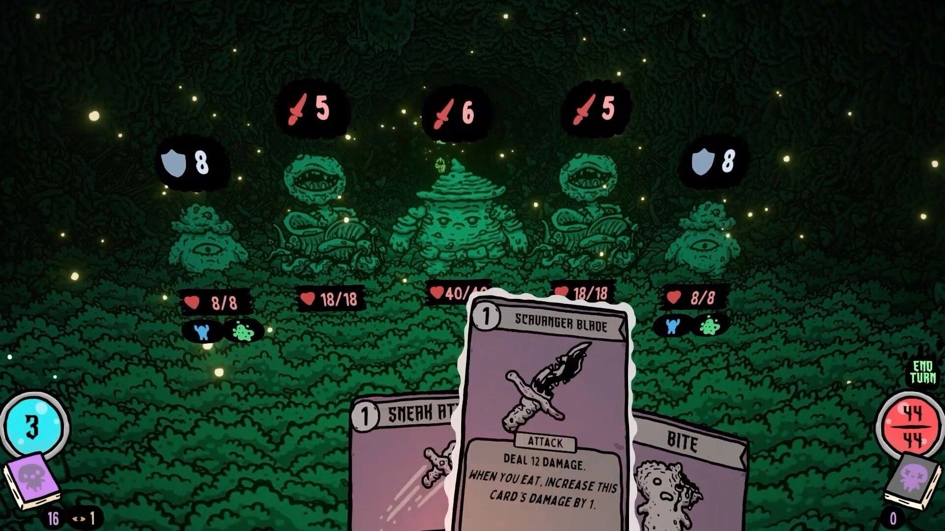 Shroom and Gloom: Battle scene with cards drawn against three mushroom enemies in a dark forest setting.