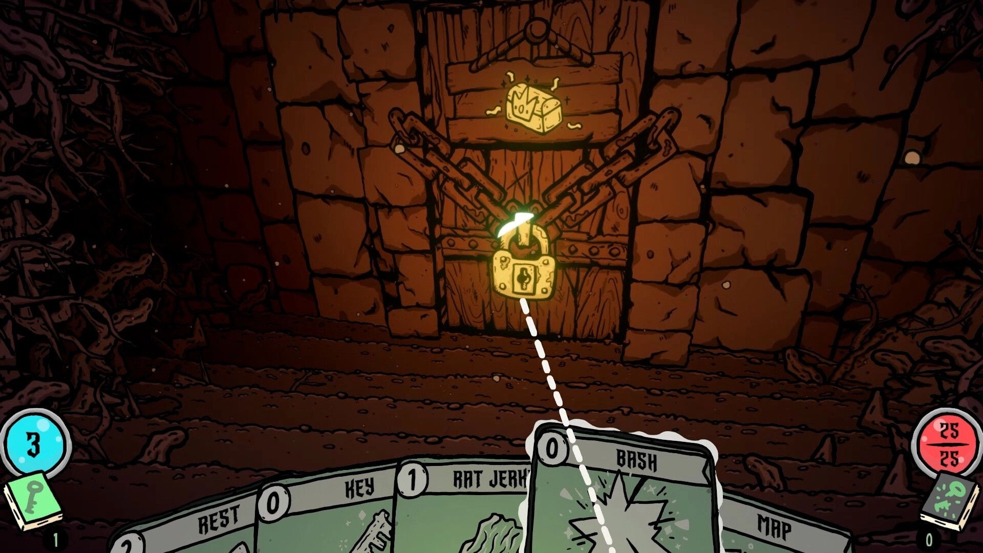 Shroom and Gloom: Player uses key card to unlock a chained door in a dimly lit dungeon hallway.