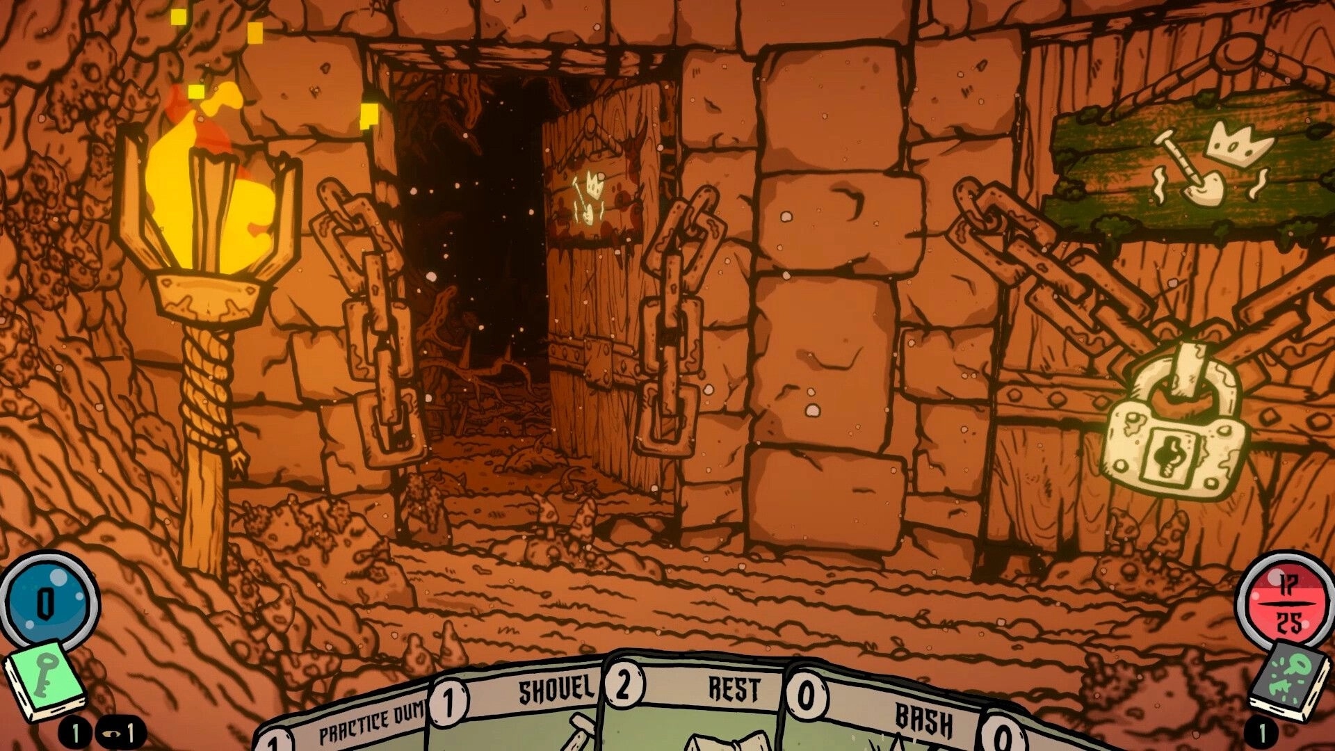 Shroom and Gloom: Chained dungeon door with glowing torch, player cards displayed at screen bottom