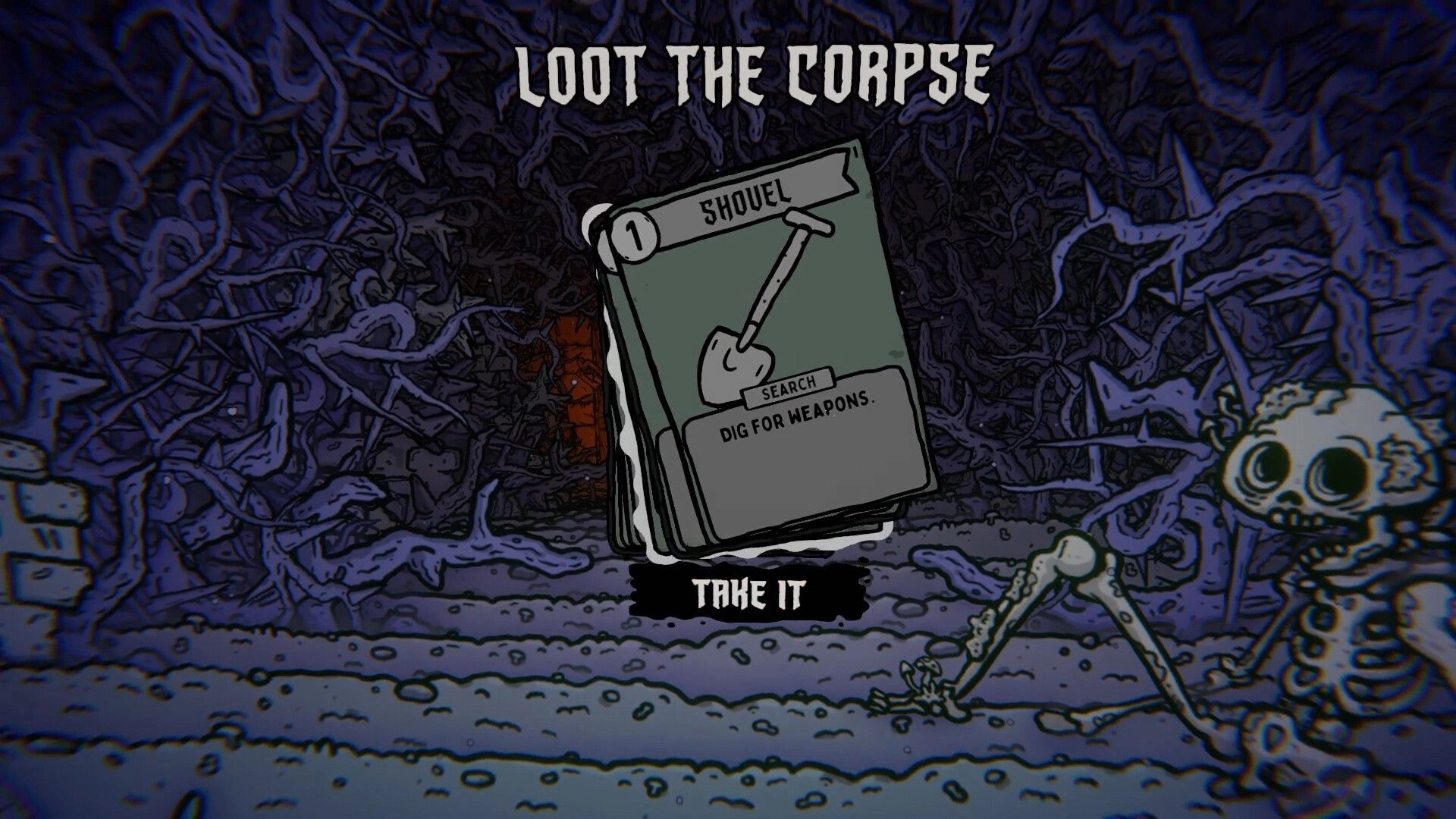 Shroom and Gloom: Card selection with "Shovel" card, skeleton in dark cave environment