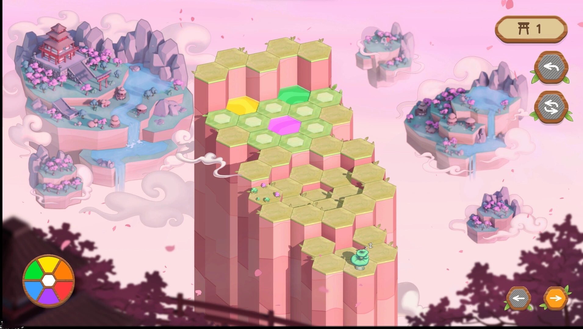 Shroomtopia: Puzzle with hexagonal tiles on floating islands, color wheel, and navigation buttons visible