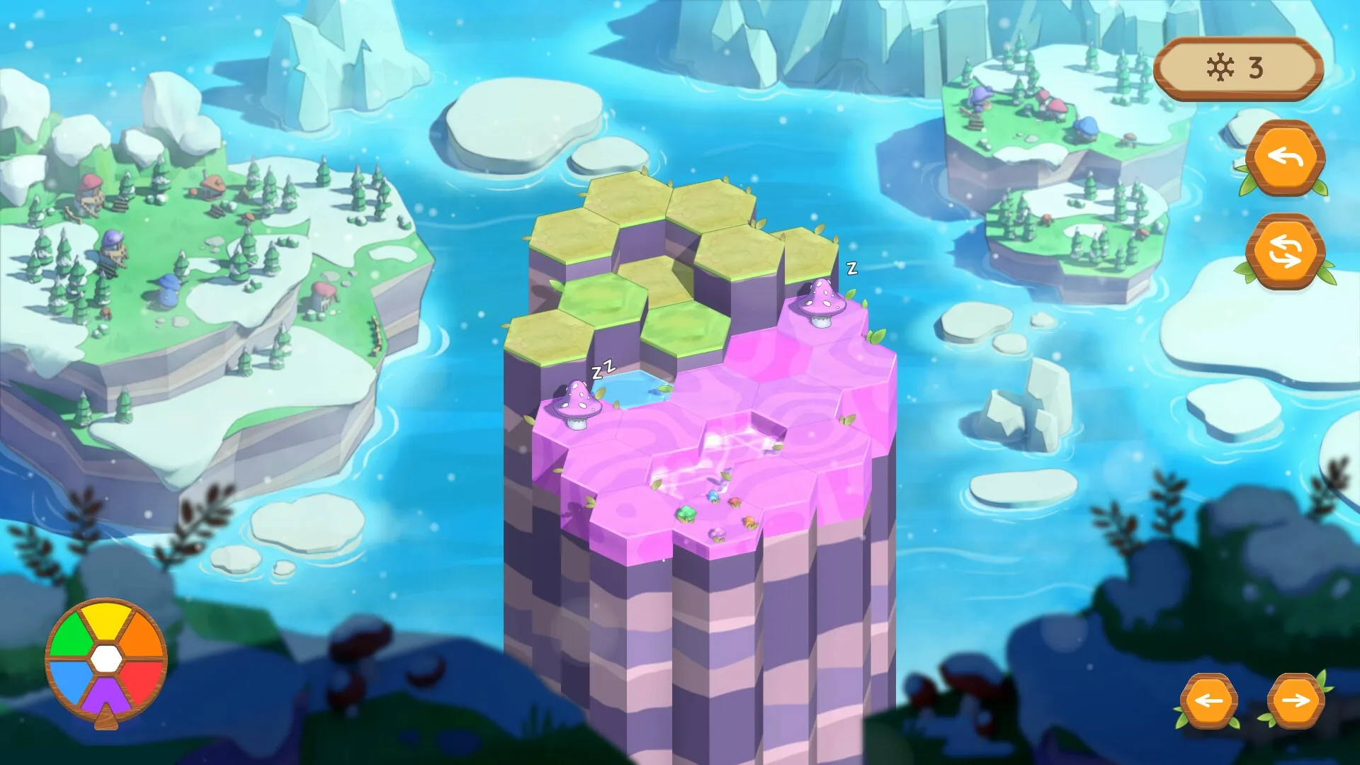 Shroomtopia: Hexagonal terrain with sleeping mushrooms on a floating island in a serene icy landscape